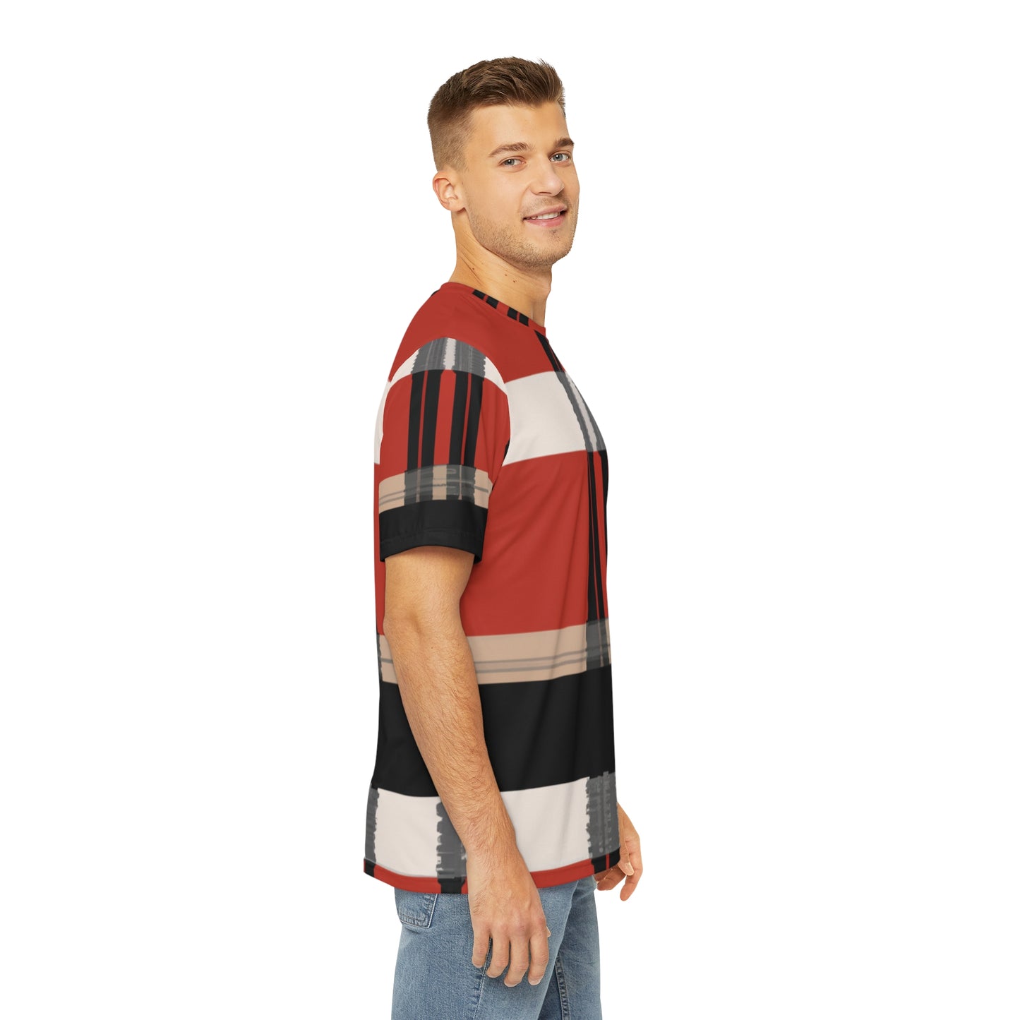 Side view of the Highland Cardinal Alba Tartan Crewneck Pullover All-Over Print Short-Sleeved Shirt red black beige plaid pattern paired with casual denim pants worn by a white man