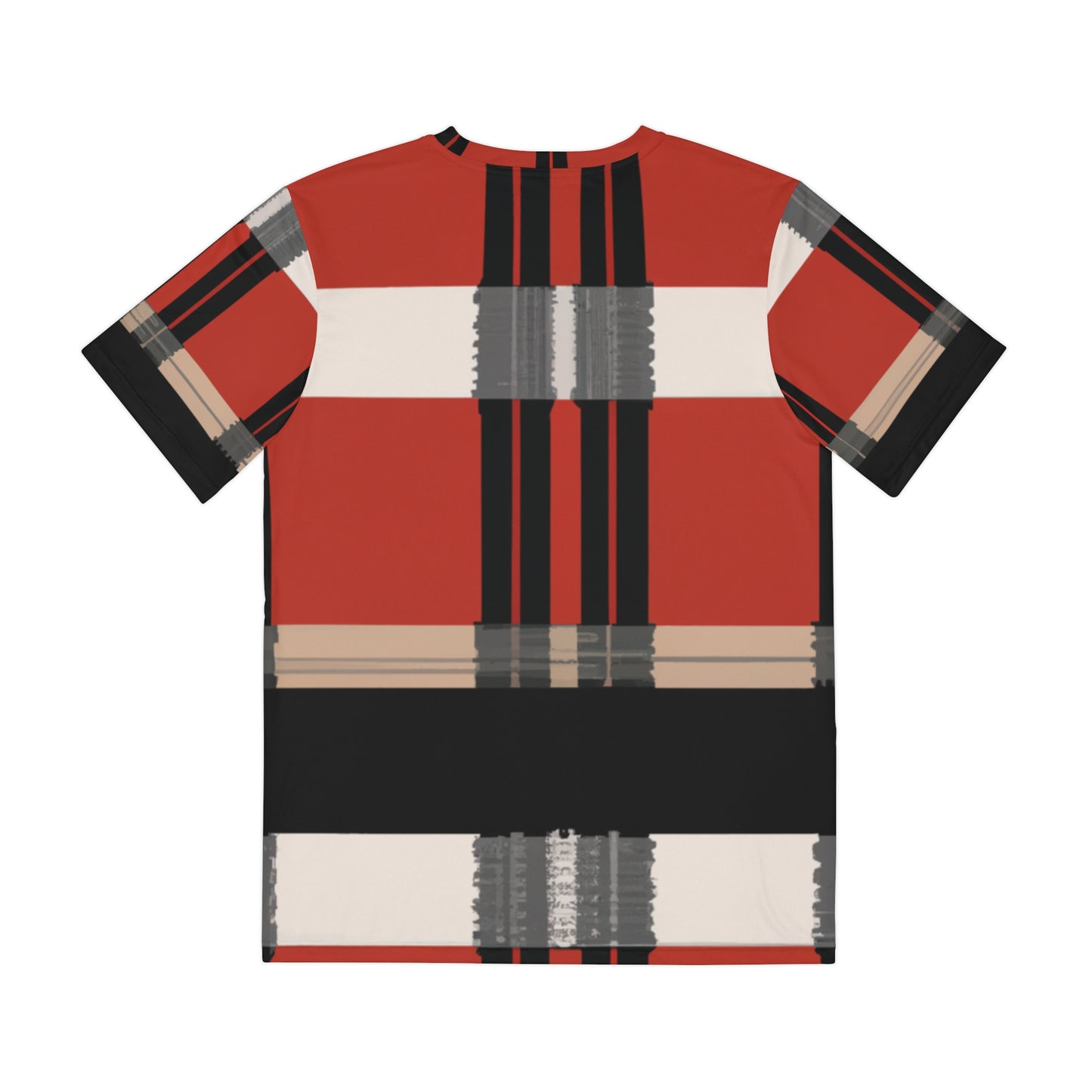 Back view of the Highland Cardinal Alba Tartan Crewneck Pullover All-Over Print Short-Sleeved Shirt red black beige plaid pattern 