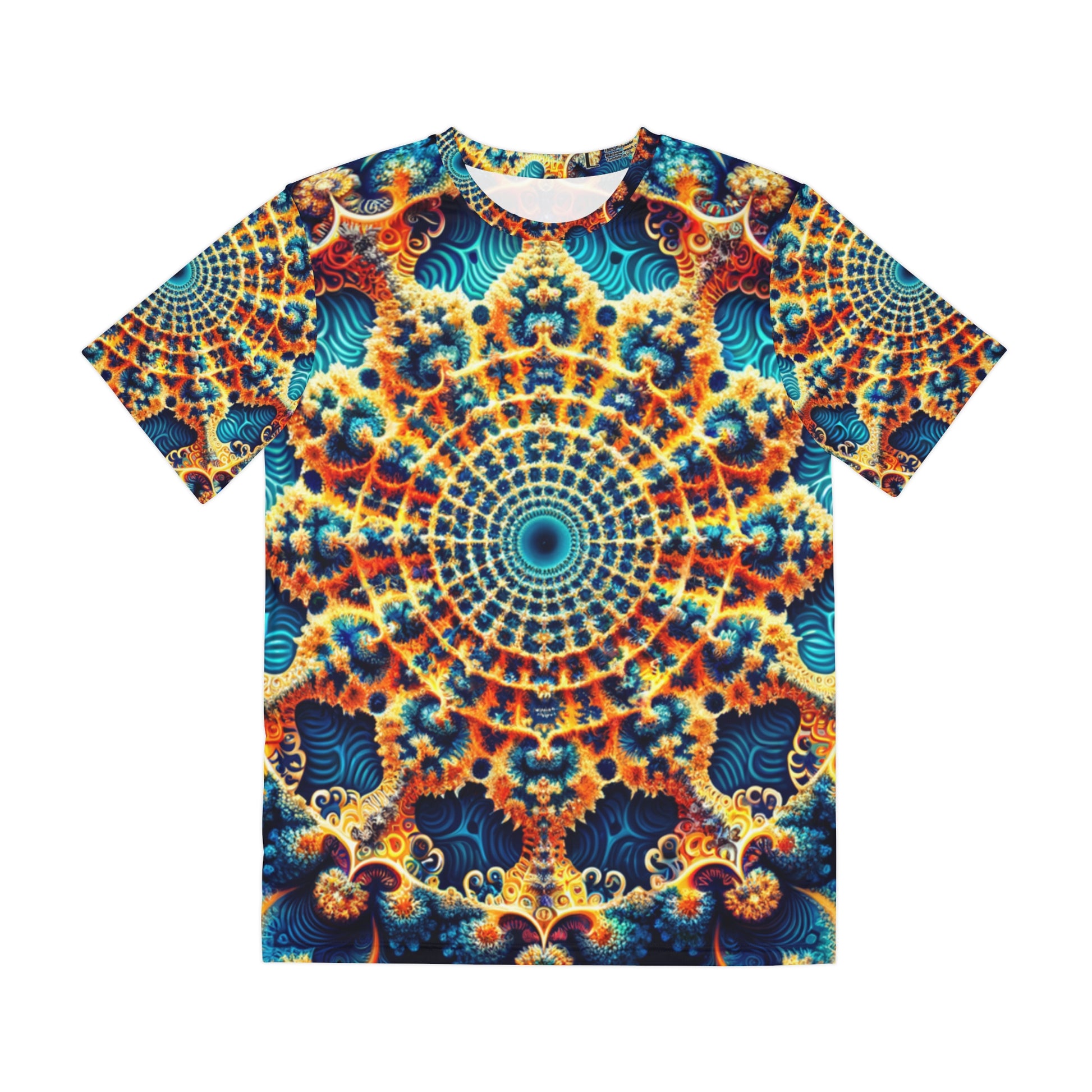 Front view of the Azurite Mandala Bloom Crewneck Pullover All-Over Print Short-Sleeved Shirt blue yellow red white mandala pattern