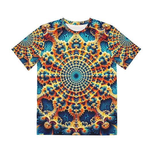 Front view of the Azurite Mandala Bloom Crewneck Pullover All-Over Print Short-Sleeved Shirt blue yellow red white mandala pattern