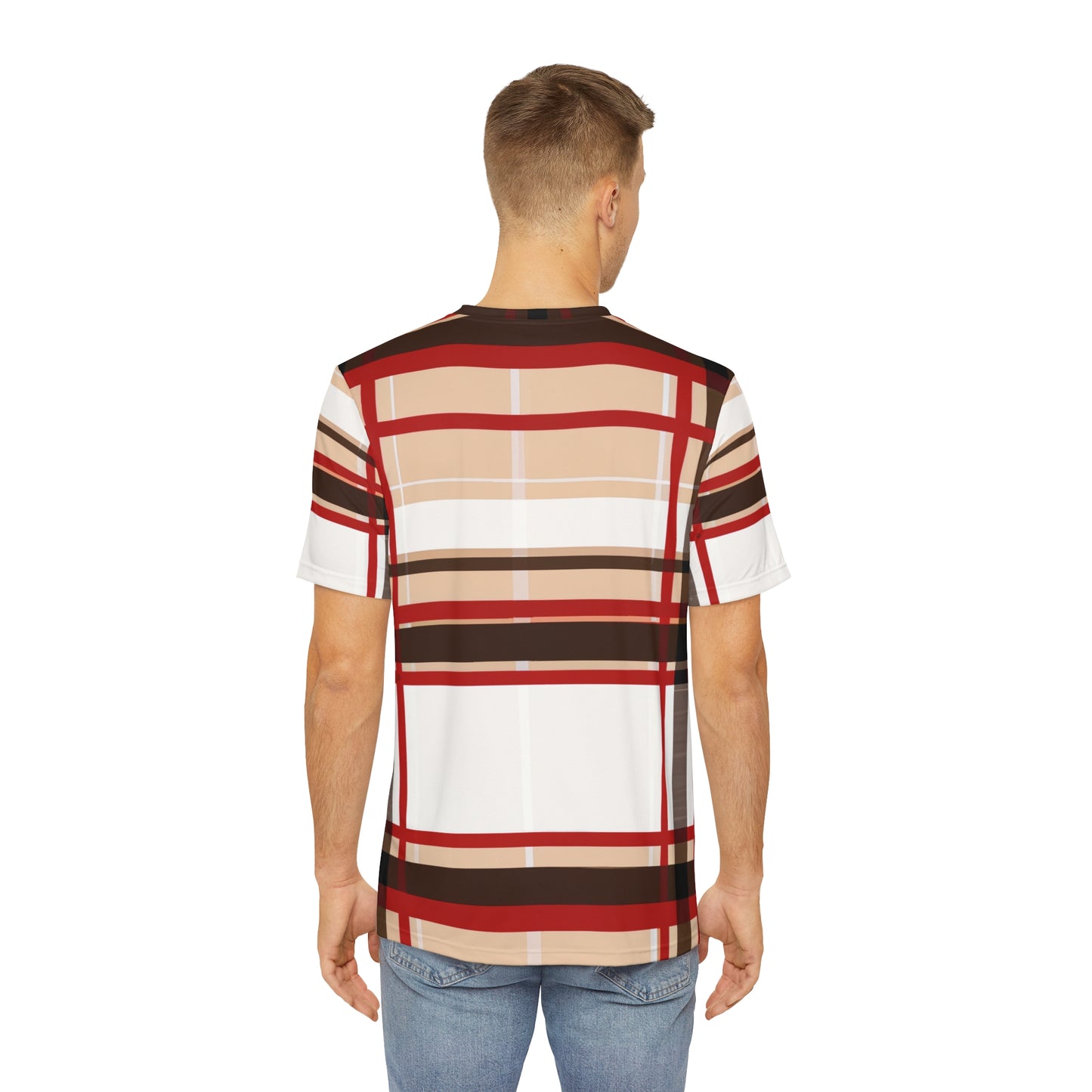 MacGregor Scottish Tartan Design Pullover All-Over Print Short-Sleeved Shirt red black beige and white Scottish plaid pattern paired with jeans worn by a white man showing back angle