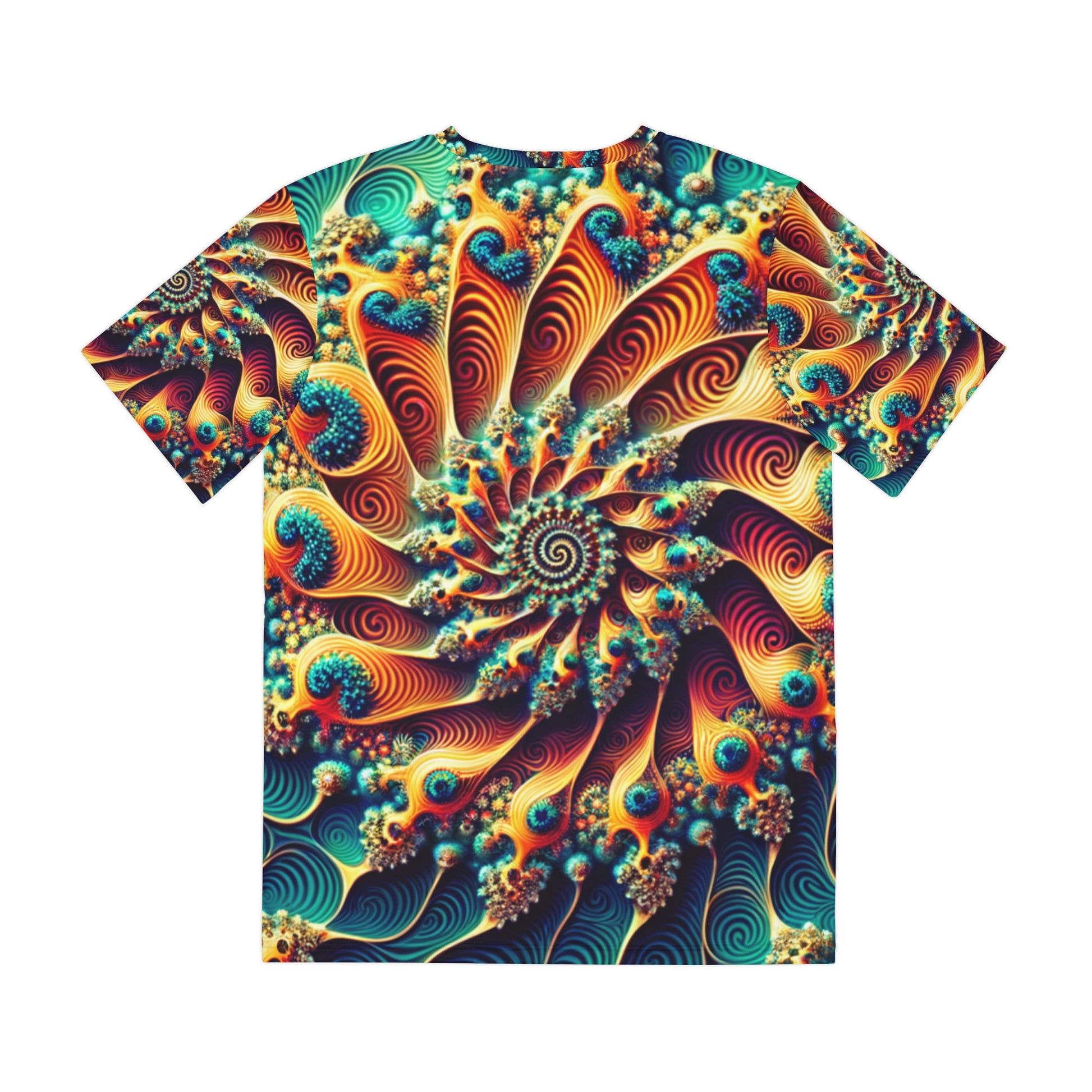 Back view of the Aquatic Hypnotica Spiral Crewneck Pullover All-Over Print Short-Sleeved Shirt blue green yellow orange red white blue spiral pattern