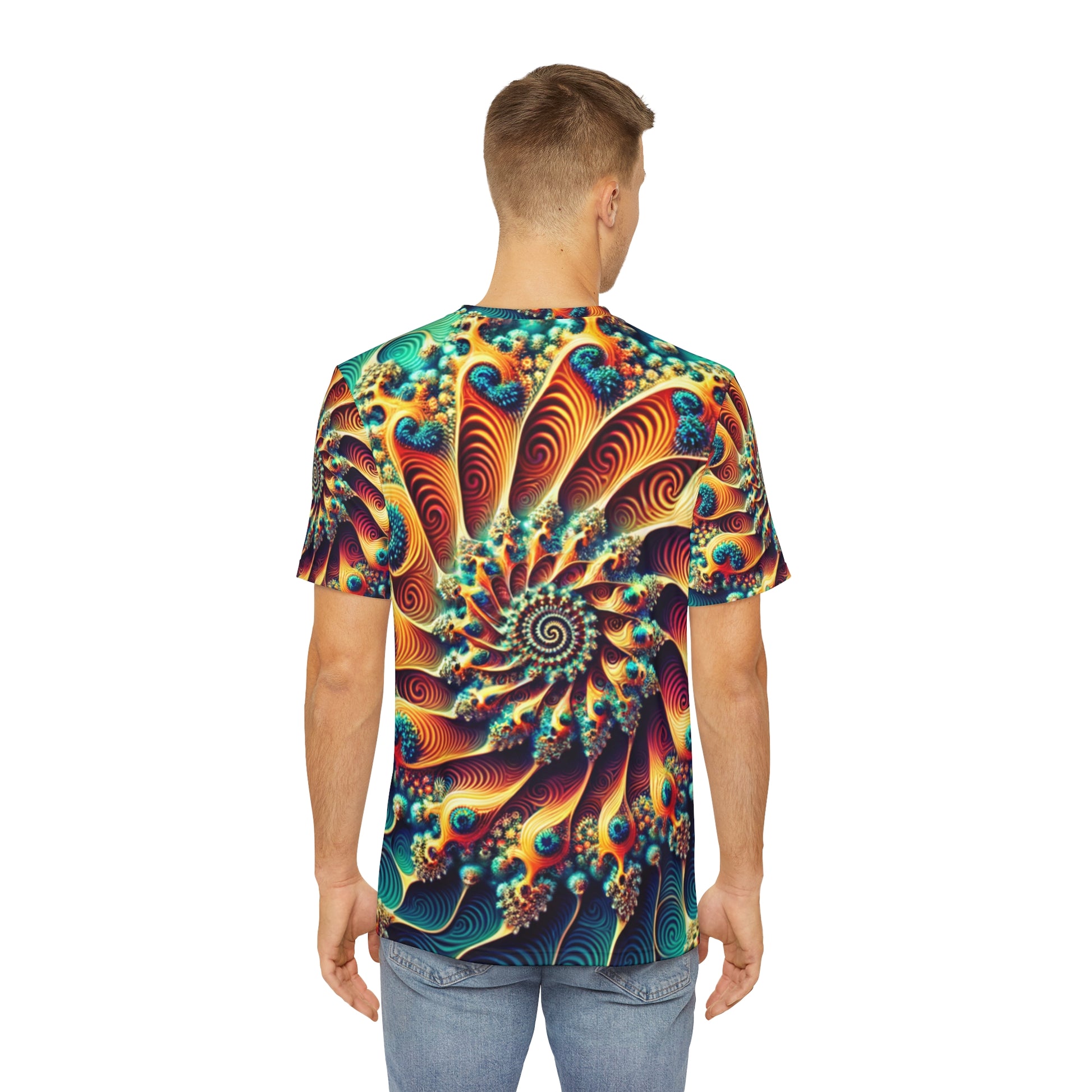 Back view of the Aquatic Hypnotica Spiral Crewneck Pullover All-Over Print Short-Sleeved Shirt blue green yellow orange red white blue spiral pattern paired with casual denim pants worn by a white man