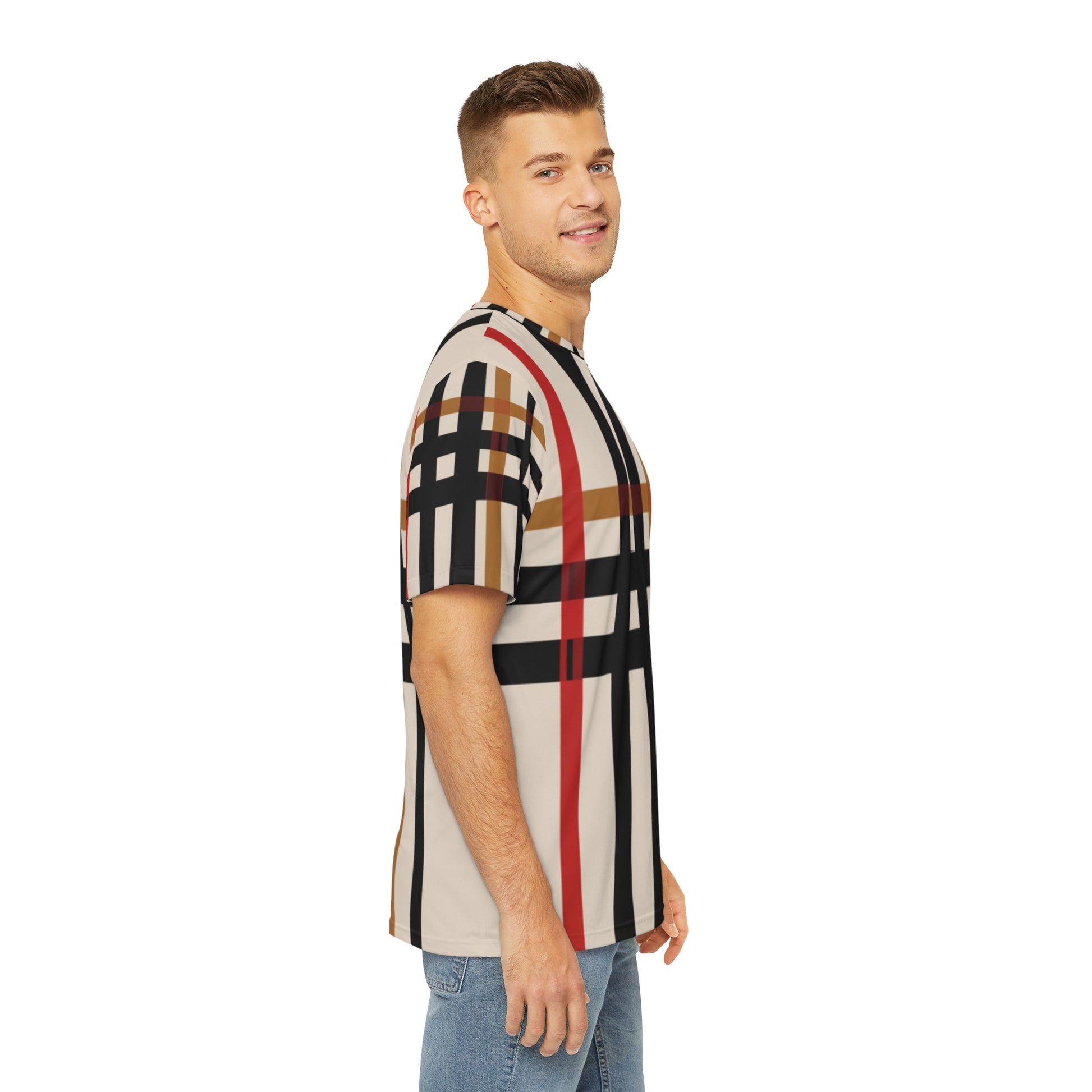 Side view of the Highland Ember Dawn Crewneck Pullover All-Over Print Short-Sleeved Shirt black red mustard yellow beige plaid pattern paired with casual denim jeans worn by white man