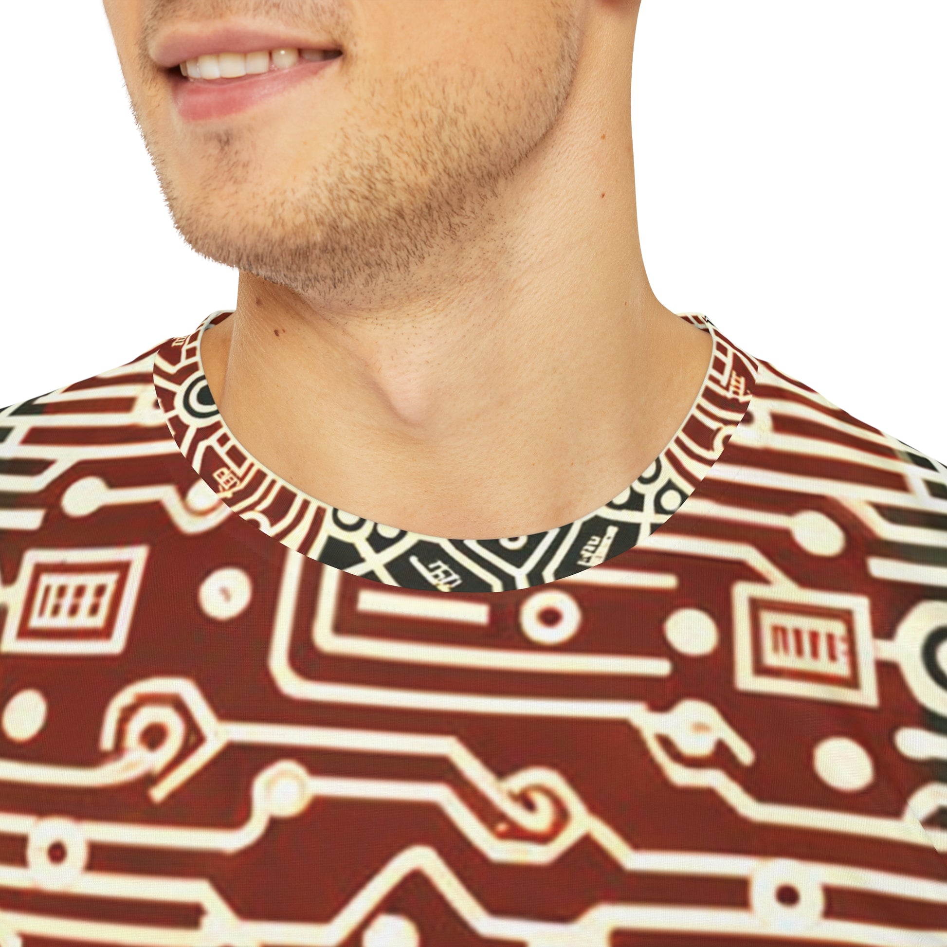 Close-up shot of the Circuitry Symphony in Sepia Crewneck Pullover All-Over Print Short-Sleeved Shirt red gray sepia circuit print pattern worn by a white man