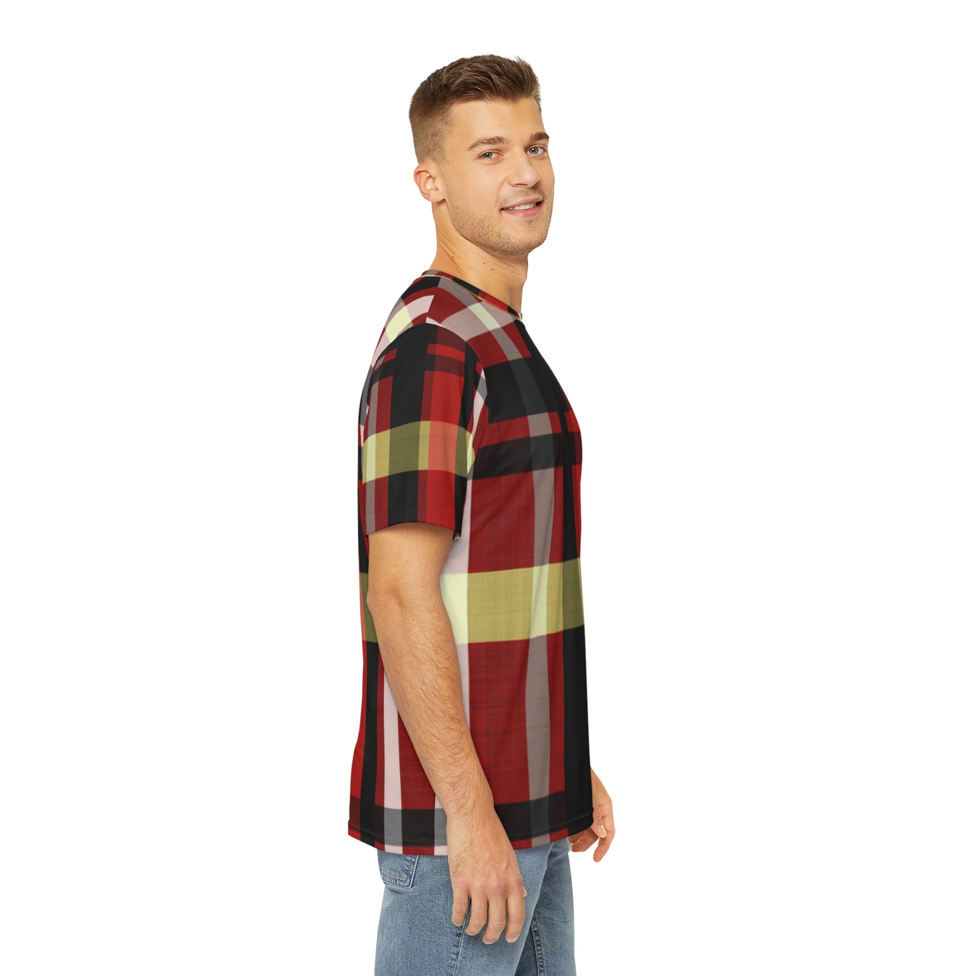 Side view of the Highlander's Dawn Tartan Crewneck Pullover Short-Sleeved Shirt red black white yellow plaid pattern paired with casual denim pants worn by a white man