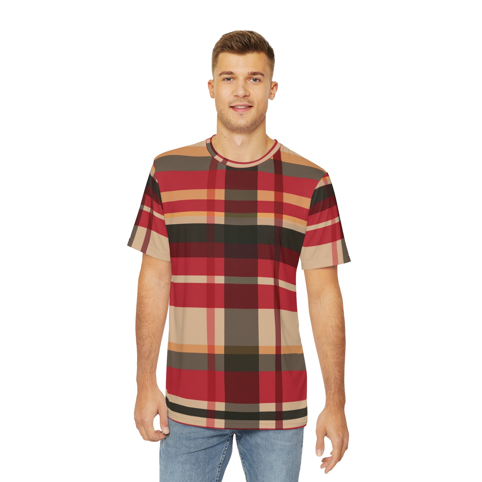 Back side of the McCloud Mist Tartan Crewneck Pullover Short-Sleeved All-Over Print Shirt red black and beige plaid pattern worn by a white male paired with casual denim jeans
