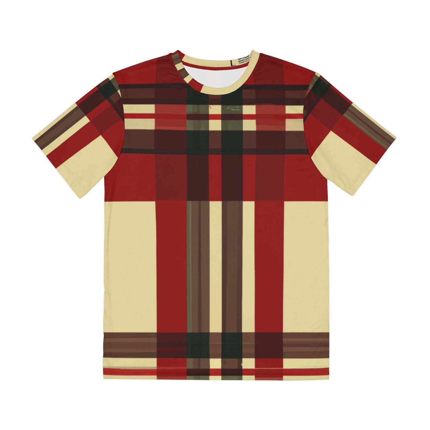 Front view of the Highland Ember Pixels Crewneck Pullover All-Over Print Short-Sleeved Shirt black red beige plaid pattern 