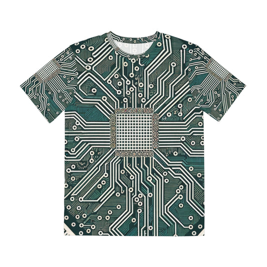 Front view of the Circuit Symmetry Matrix Crewneck Pullover All-Over Print Short-Sleeved Shirt green gray black beige circuit pattern