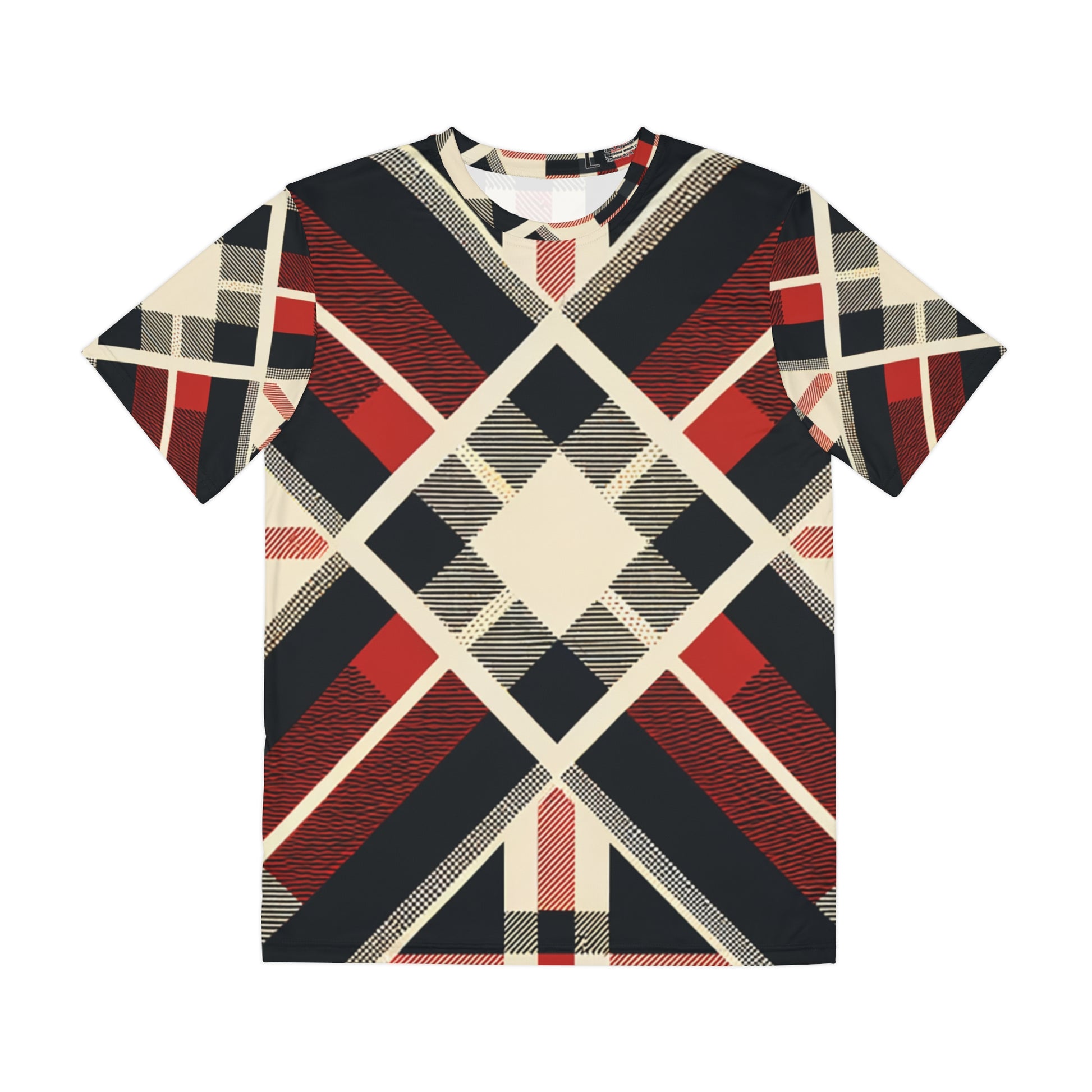 Front view of the Metropolitan Tartan Fusion Crewneck Pullover All-Over Print Short-Sleeved Shirt black red beige plaid pattern 