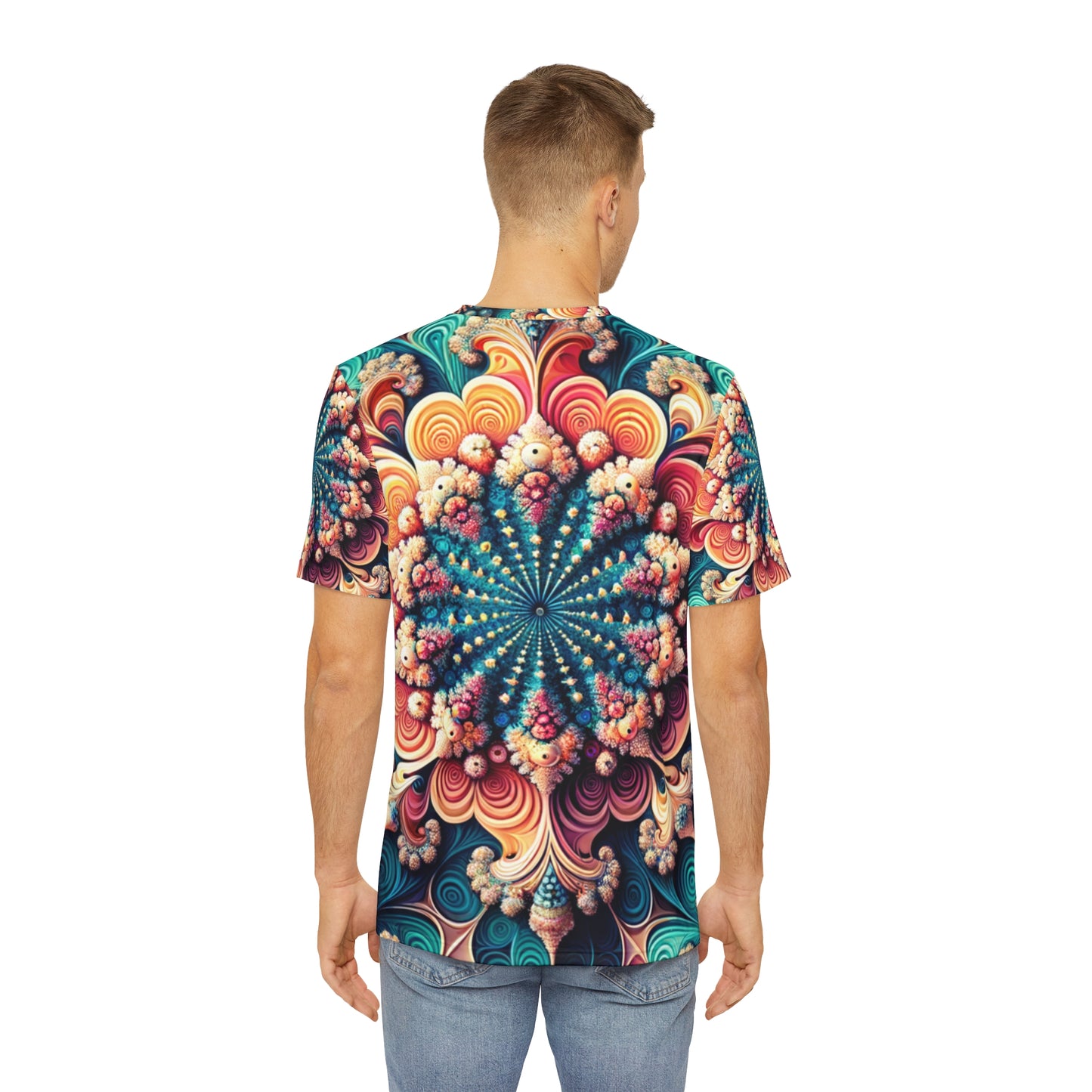 Back view of the Coral Mandala Whirl Pattern Crewneck Pullover All-Over Print Short-Sleeved Shirt black red  orange yellow blue mandala swirl pattern paired with casual denim pants worn by a white man