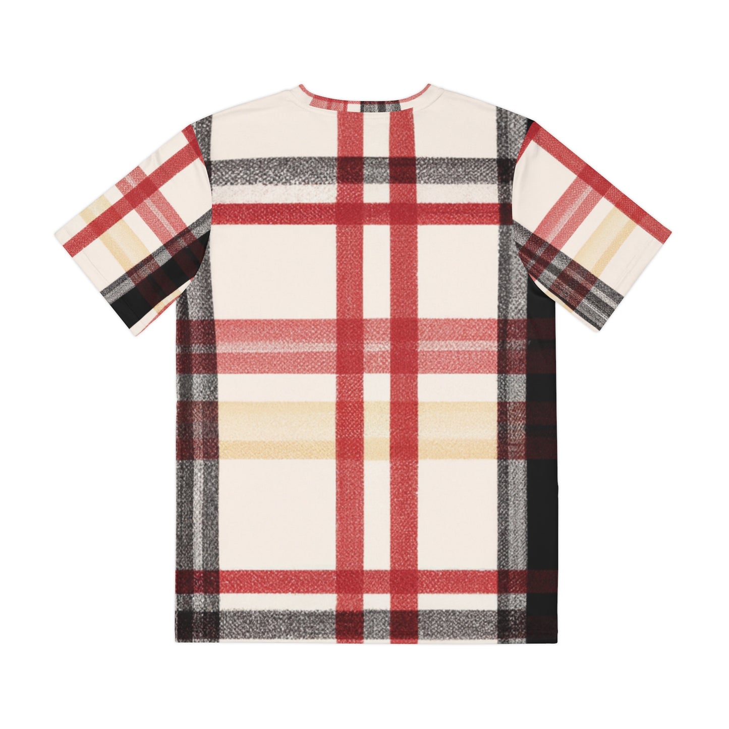 Back view of the Edinburgh Crimson Crest Tartan Crewneck Pullover All-Over Print Short-Sleeved Shirt red yellow black beige plaid pattern