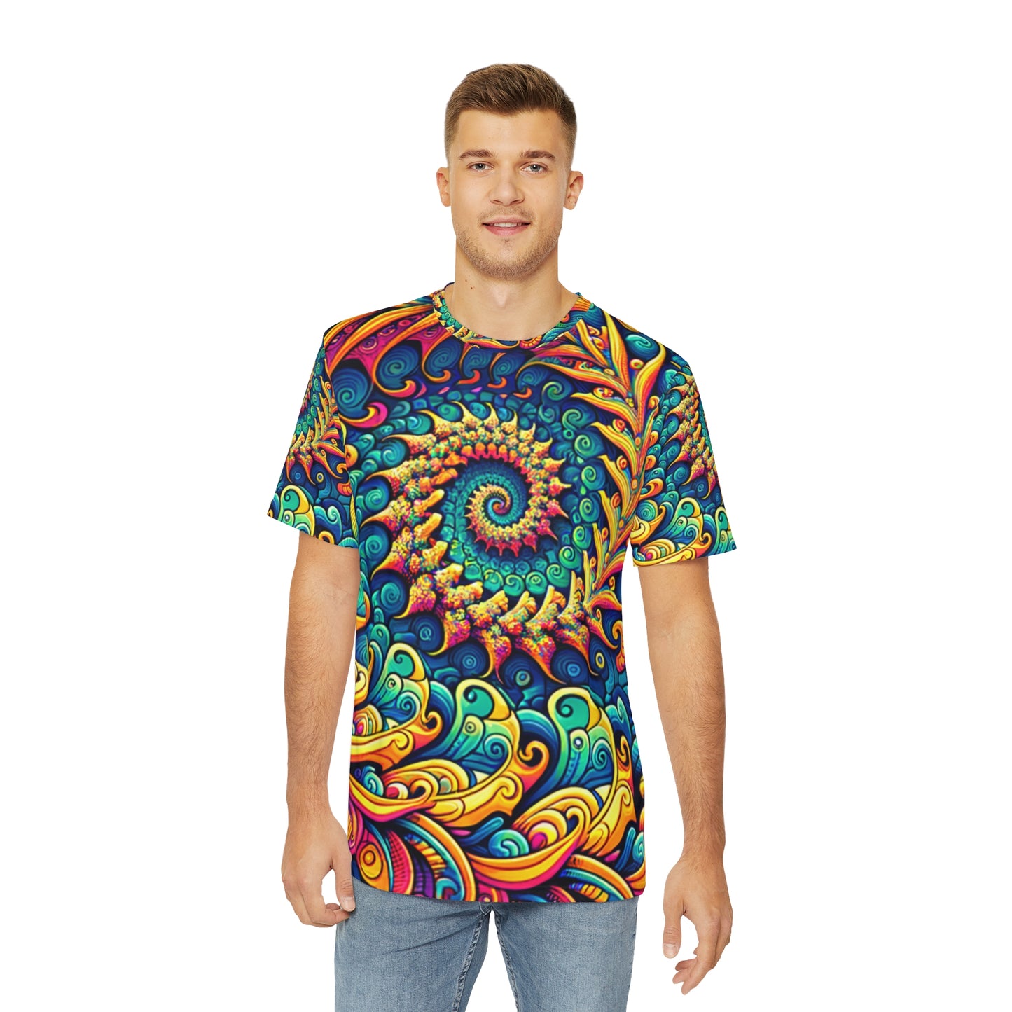 Front view of the Psychedelic Peacock Swirls Crewneck Pullover All-Over Print Short-Sleeved Shirt yellow blue green red peacock swirl pattern  paired with casual denim pants worn by a white man