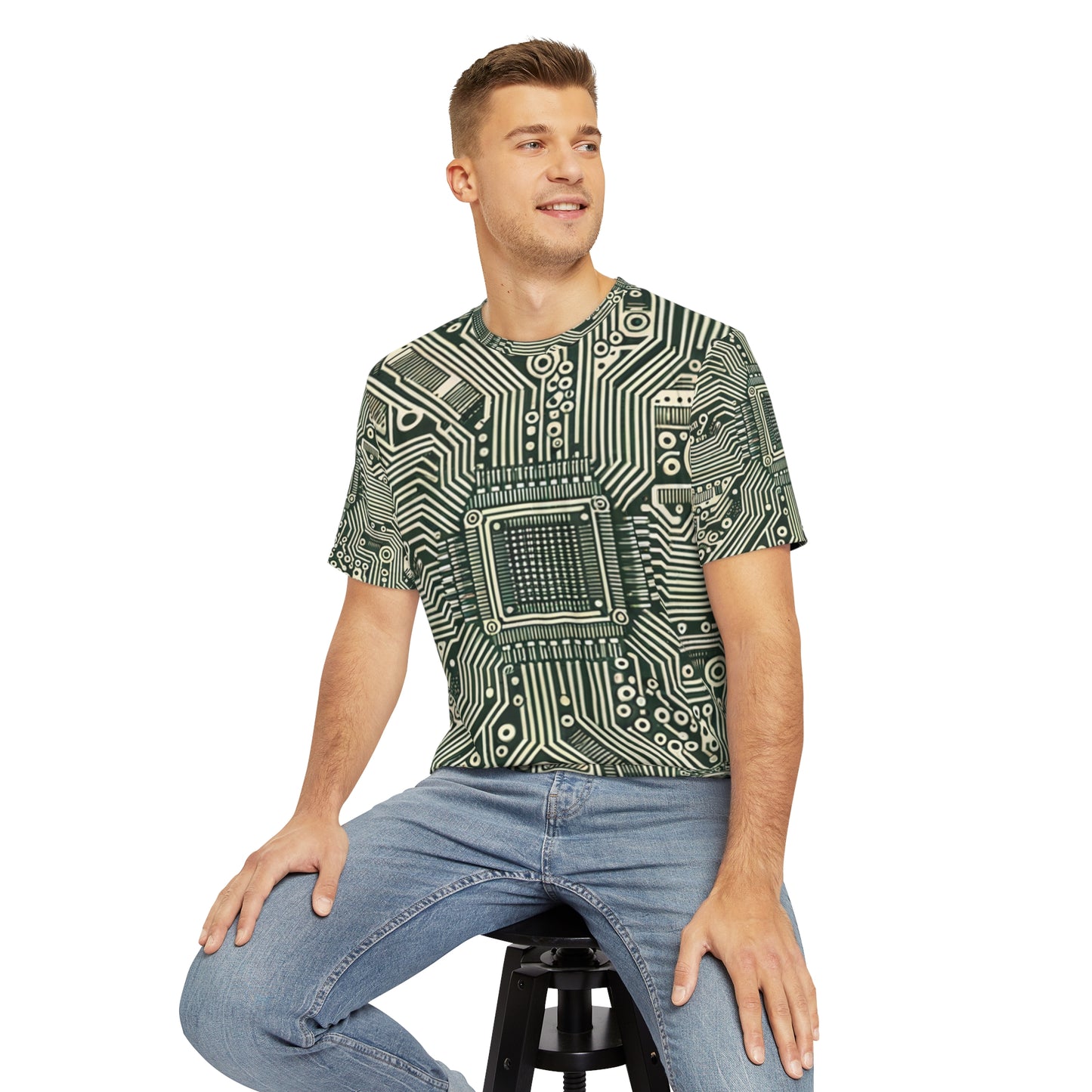 Circuit Board Symphony Green Crewneck Pullover All-Over Print Short-Sleeved Shirt