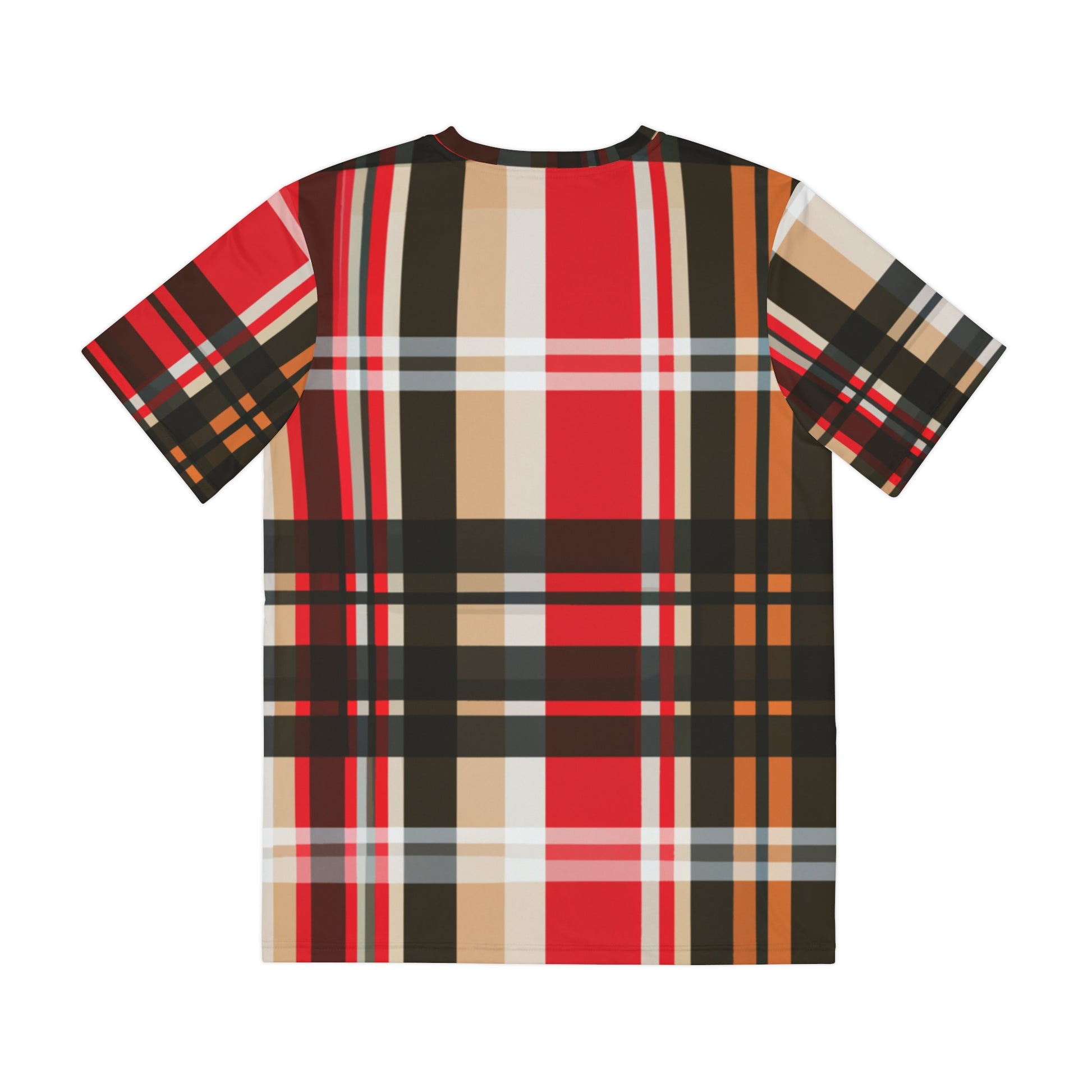 Back view of the Glasgow Plaid Crewneck Pullover All-Over Print Short-Sleeved Shirt red black white yellow mustard plaid pattern 