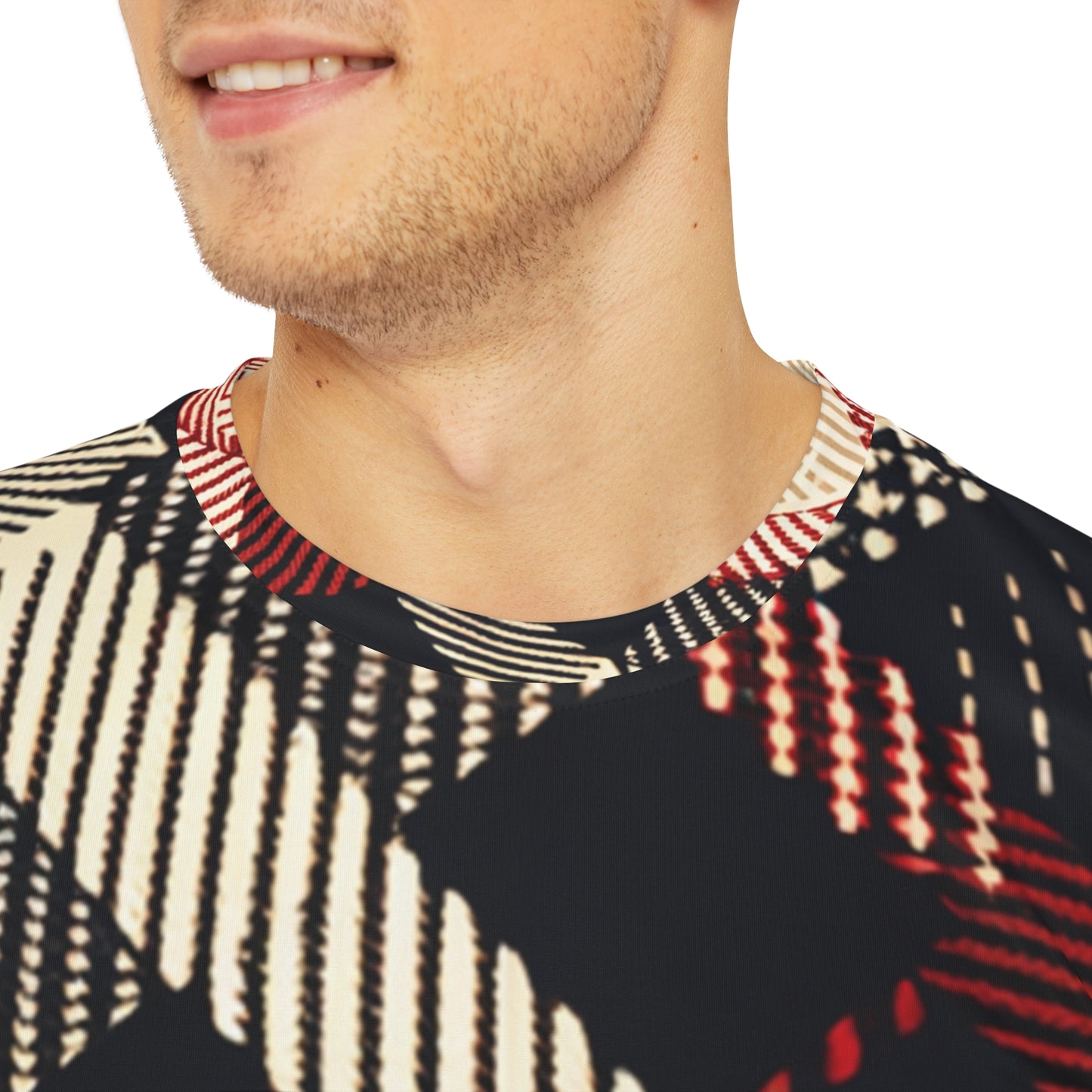 Close-up shot of the Crimson Houndstooth Cascade Crewneck Pullover All-Over Print Short-Sleeved Shirt worn by a white man
