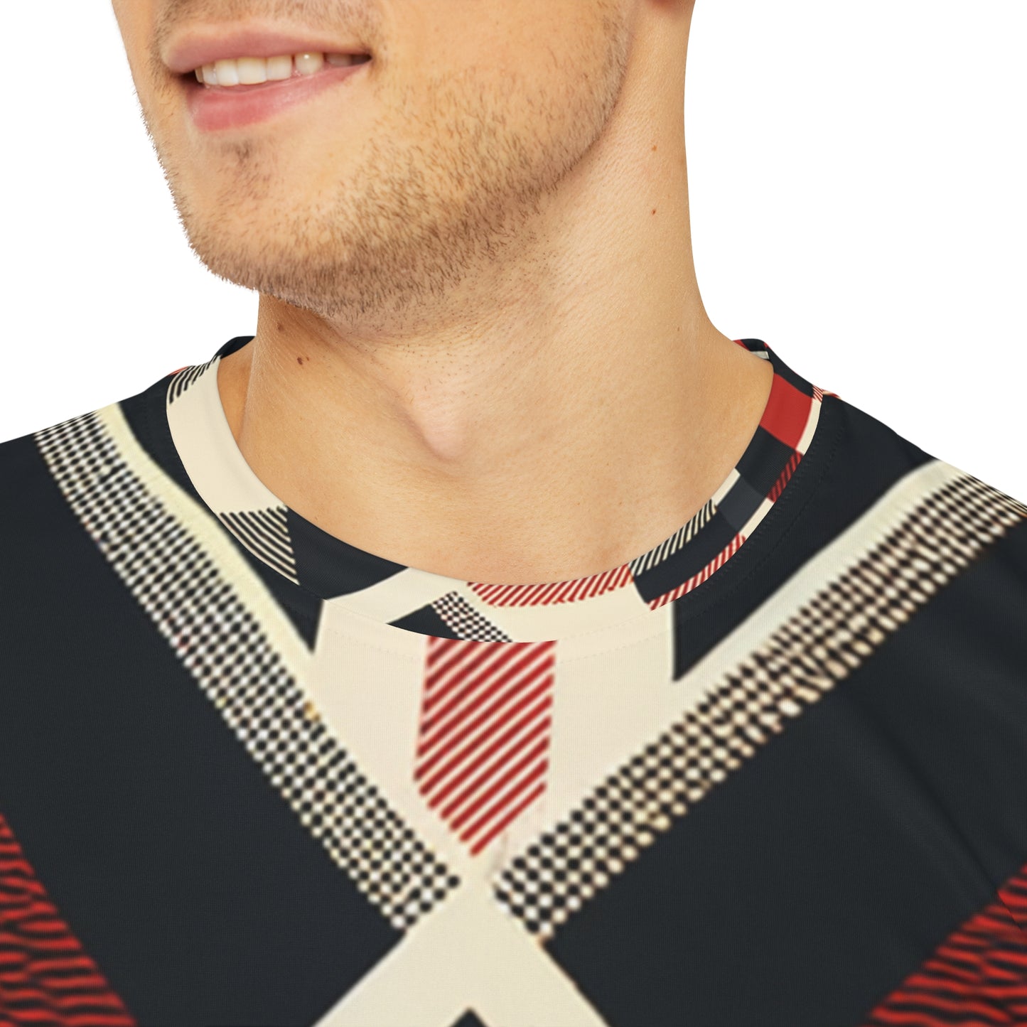 Close-up shot of the Metropolitan Tartan Fusion Crewneck Pullover All-Over Print Short-Sleeved Shirt black red beige plaid pattern worn by a white man