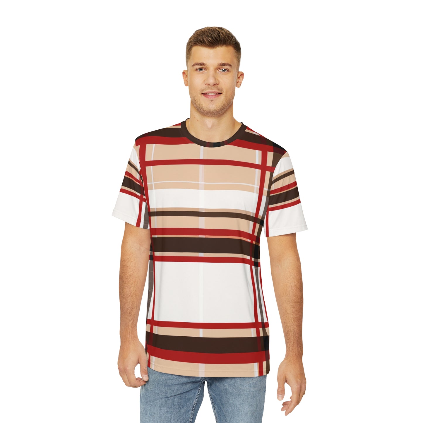 MacGregor Scottish Tartan Design Pullover All-Over Print Short-Sleeved Shirt red black beige and white Scottish plaid pattern paired with jeans worn by a white man