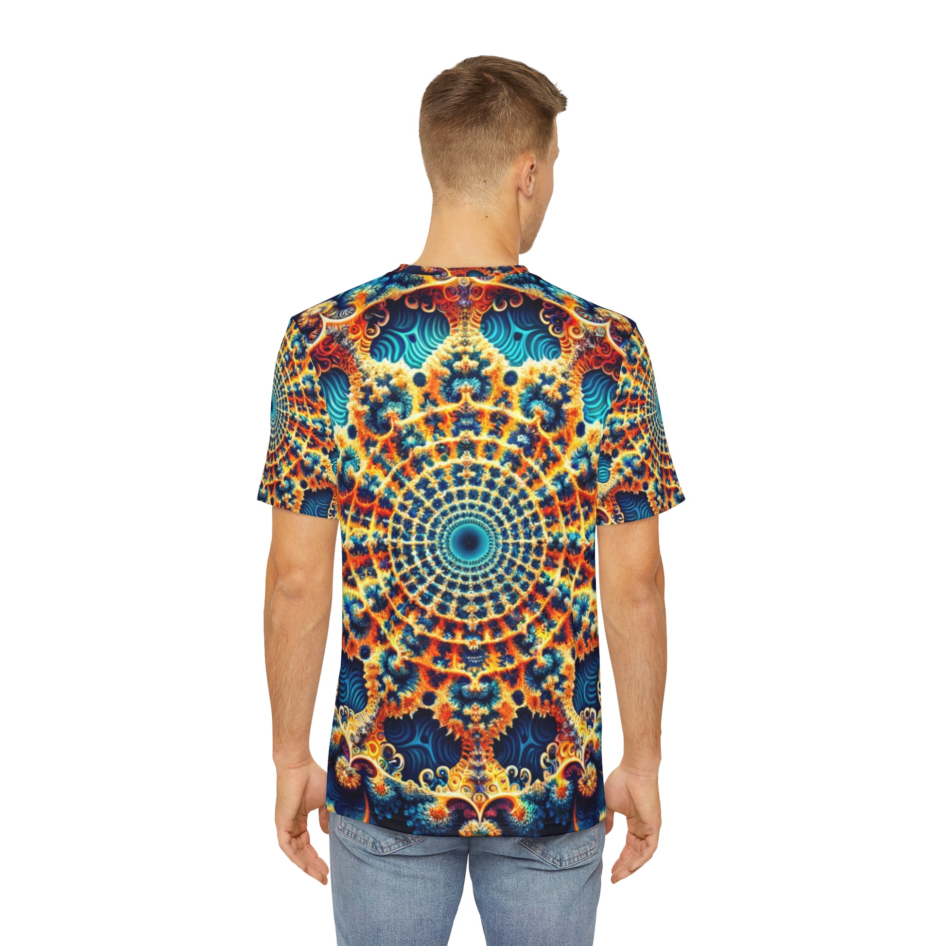 Back view of the Azurite Mandala Bloom Crewneck Pullover All-Over Print Short-Sleeved Shirt blue yellow red white mandala pattern paired with casual denim pants worn by a white man