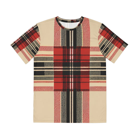 Front view of the Autumn Elegance Tartan Crewneck Pullover All-Over Print Short-Sleeved Shirt red black and beige background plaid pattern
