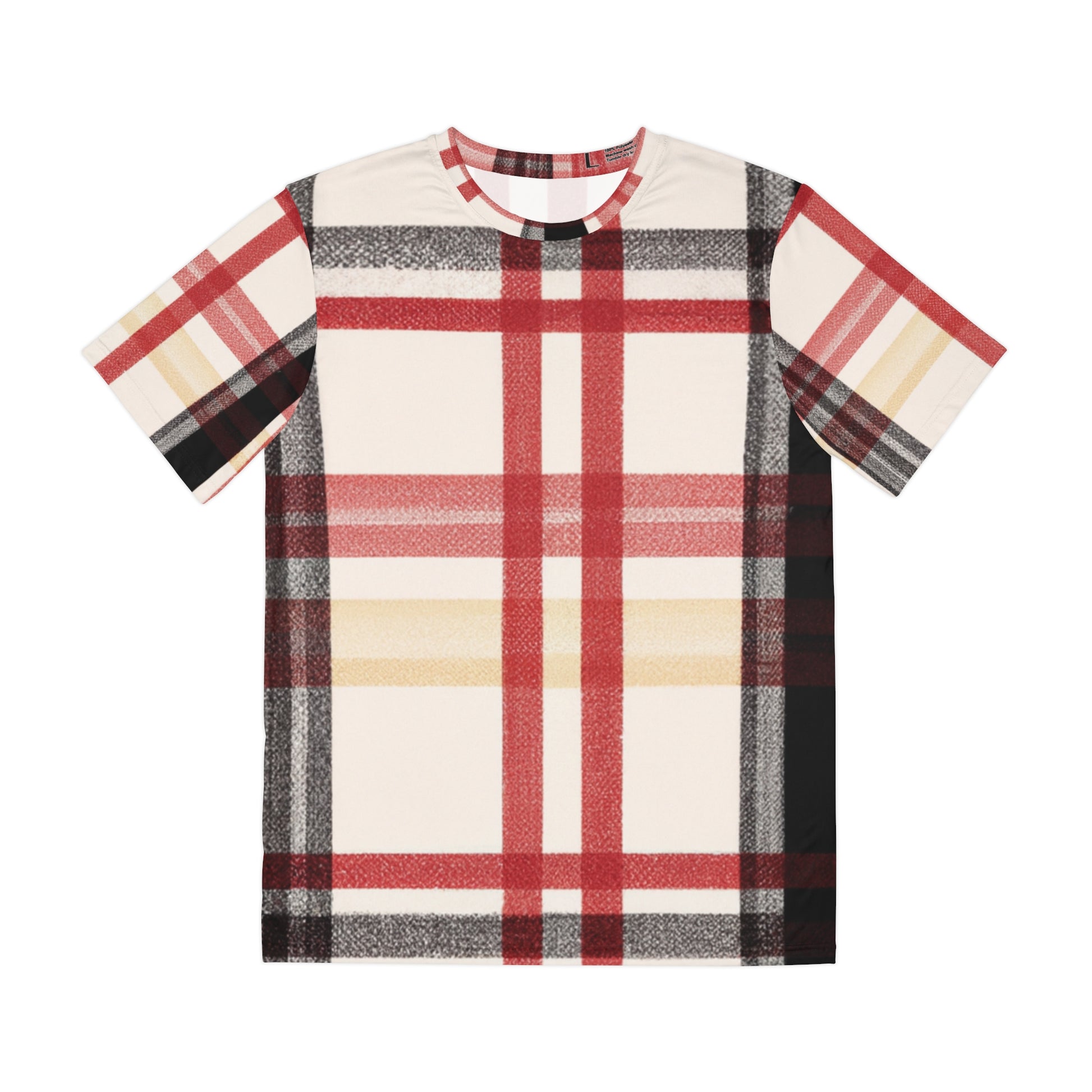 Front view of the Edinburgh Crimson Crest Tartan Crewneck Pullover All-Over Print Short-Sleeved Shirt red yellow black beige plaid pattern