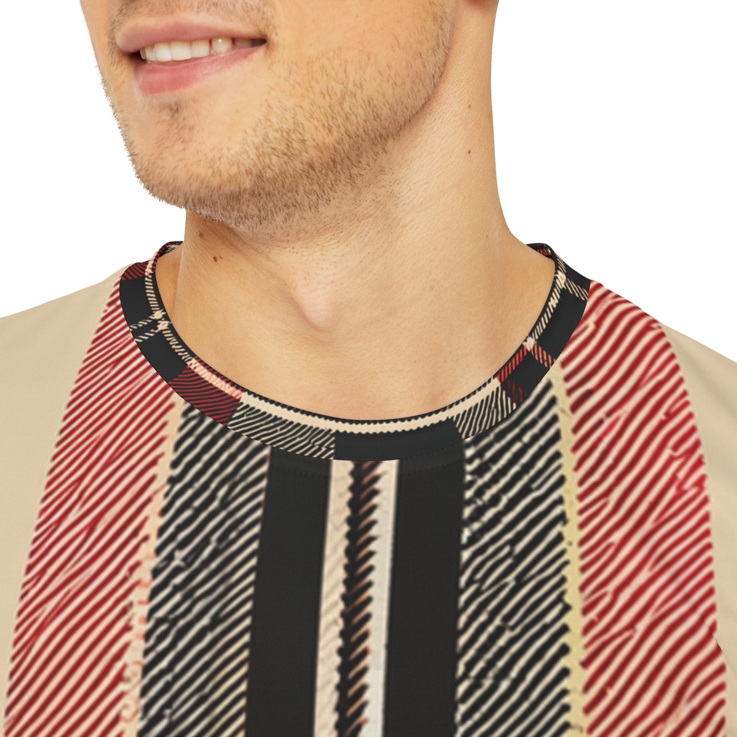 Close-up shot of the Autumn Elegance Tartan Crewneck Pullover All-Over Print Short-Sleeved Shirt red black and beige background plaid pattern worn by a white man