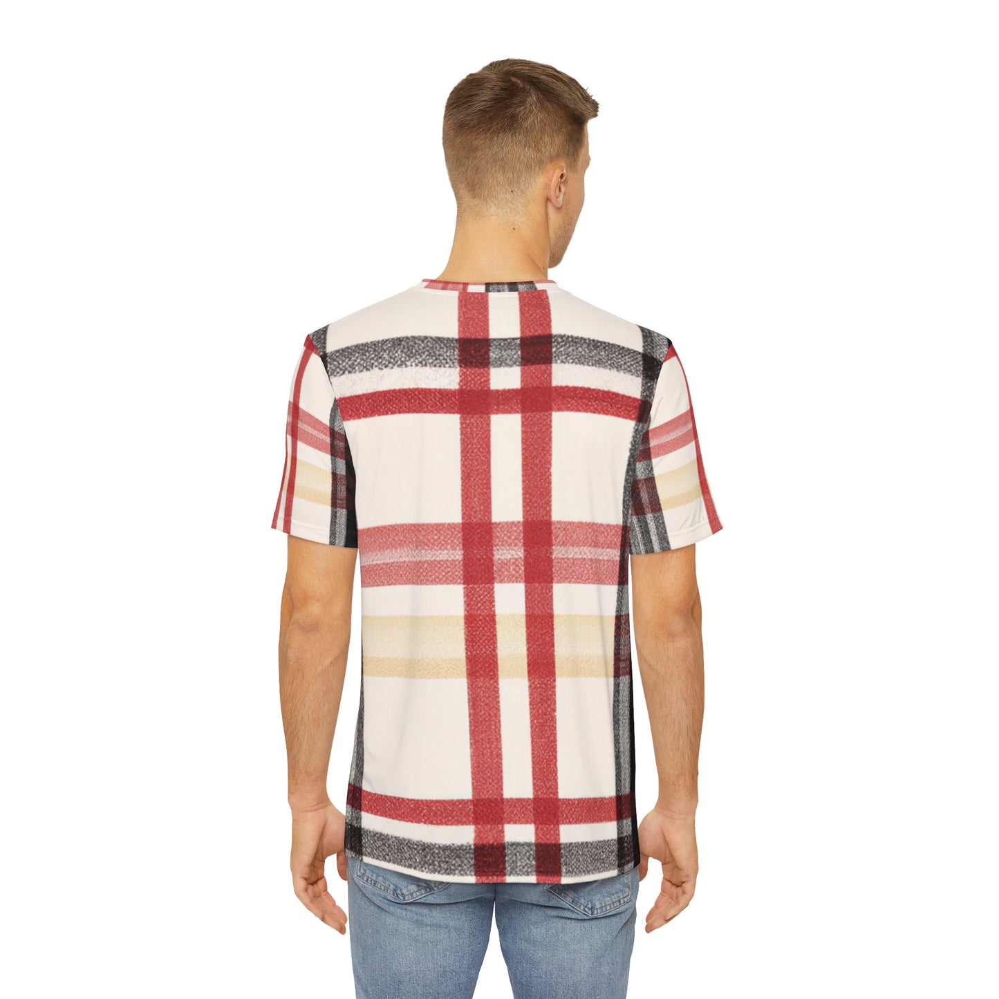 Back view of the Edinburgh Crimson Crest Tartan Crewneck Pullover All-Over Print Short-Sleeved Shirt red yellow black beige plaid pattern paired with  casual denim pants worn by a white man