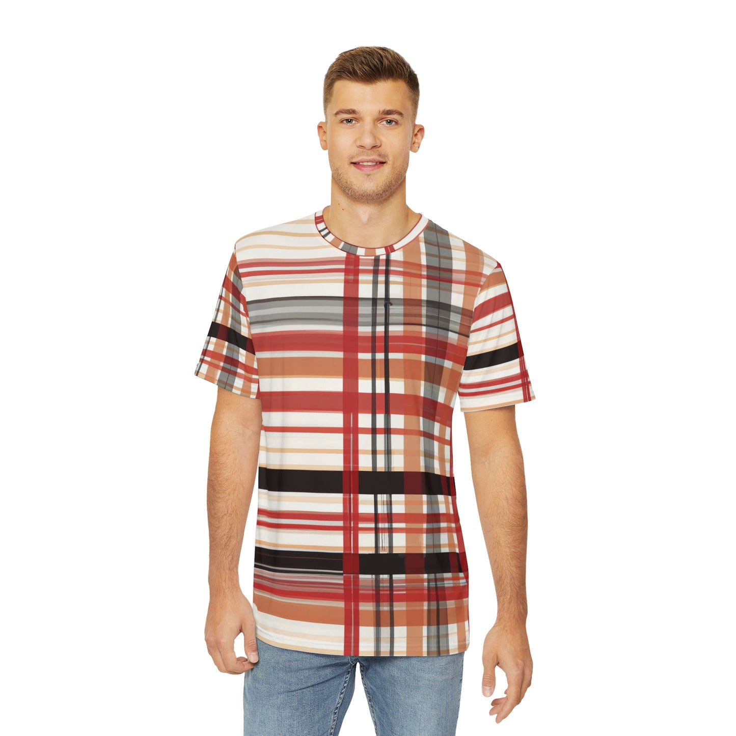 Front view of the Maestro Kaleidoscope Crewneck Pullover All-Over Print Short-Sleeved Shirt black red white plaid pattern paired with casual denim pants worn by white man