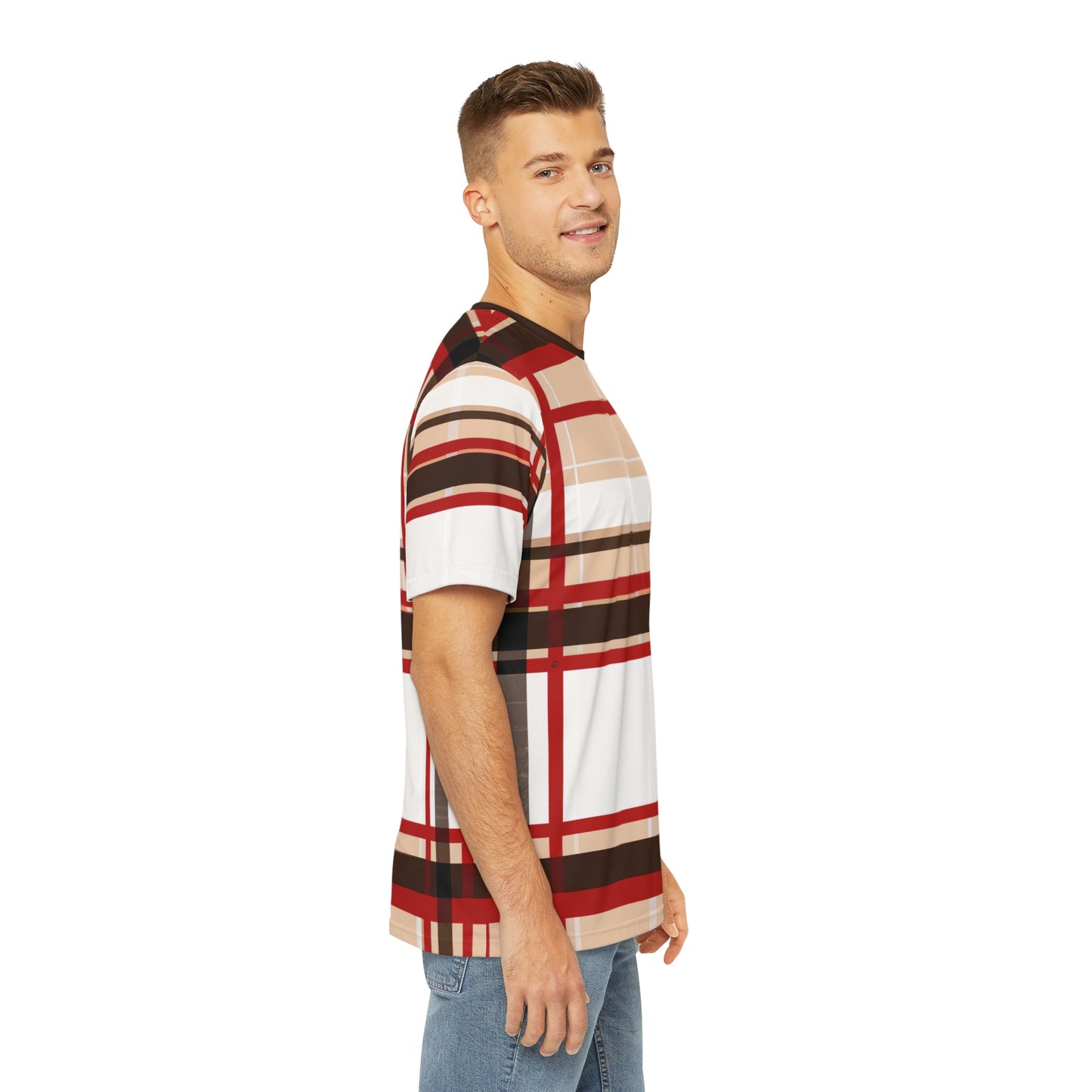 MacGregor Scottish Tartan Design Pullover All-Over Print Short-Sleeved Shirt red black beige and white Scottish plaid pattern paired with jeans worn by a white man showing side angle