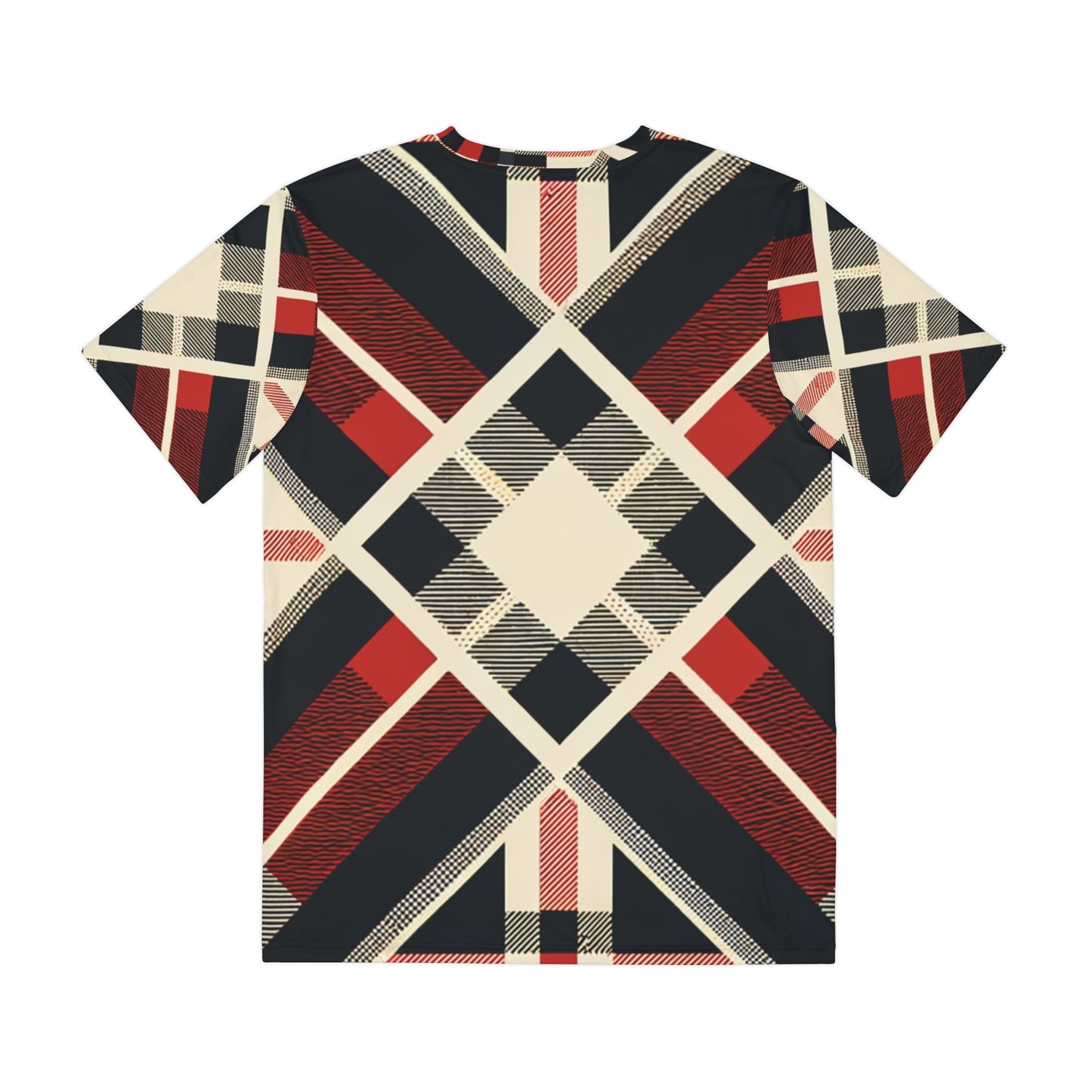 Back view of the Metropolitan Tartan Fusion Crewneck Pullover All-Over Print Short-Sleeved Shirt black red beige plaid pattern 