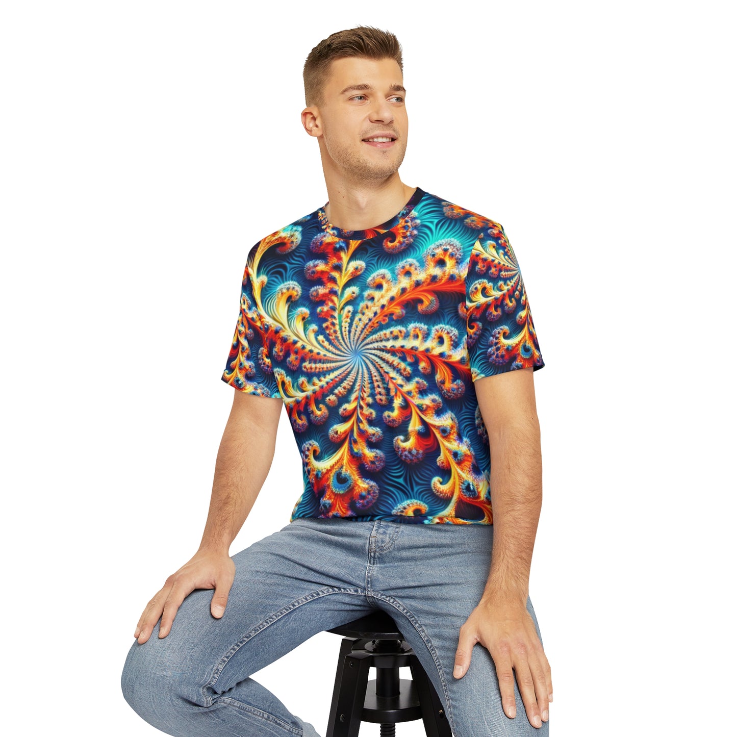 Front view of the Iridescent Nautilus Swirls Crewneck Pullover All-Over Print Short-Sleeved Shirt blue red yellow orange green swirl pattern paired with casual denim pants worn by a white man sitting  on a stool chair