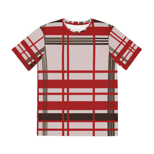 Front view of the Defiant Highlander Dawn Tartan Crewneck Pullover All-Over Print Short-Sleeved Shirt black white red plaid pattern