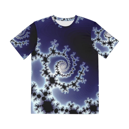 Front view of the Celestial Fractal Elegance Crewneck Pullover All-Over Print Short-Sleeved Shirt purple black white fractal pattern