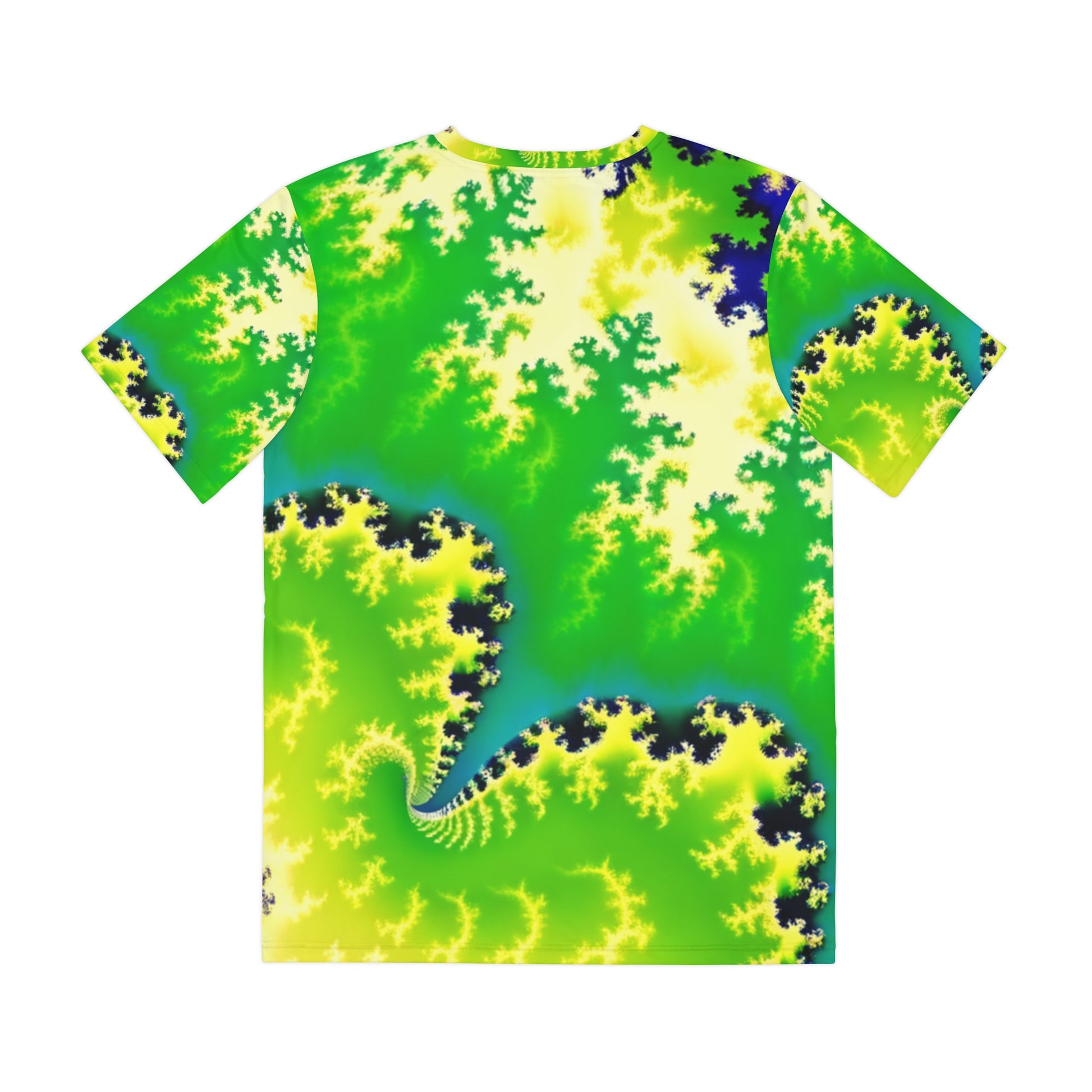 Back view of the Psychedelic Serpentine Fractal Fusion Crewneck Pullover All-Over Print Short-Sleeved Shirt green yellow blue black psychedelic pattern 