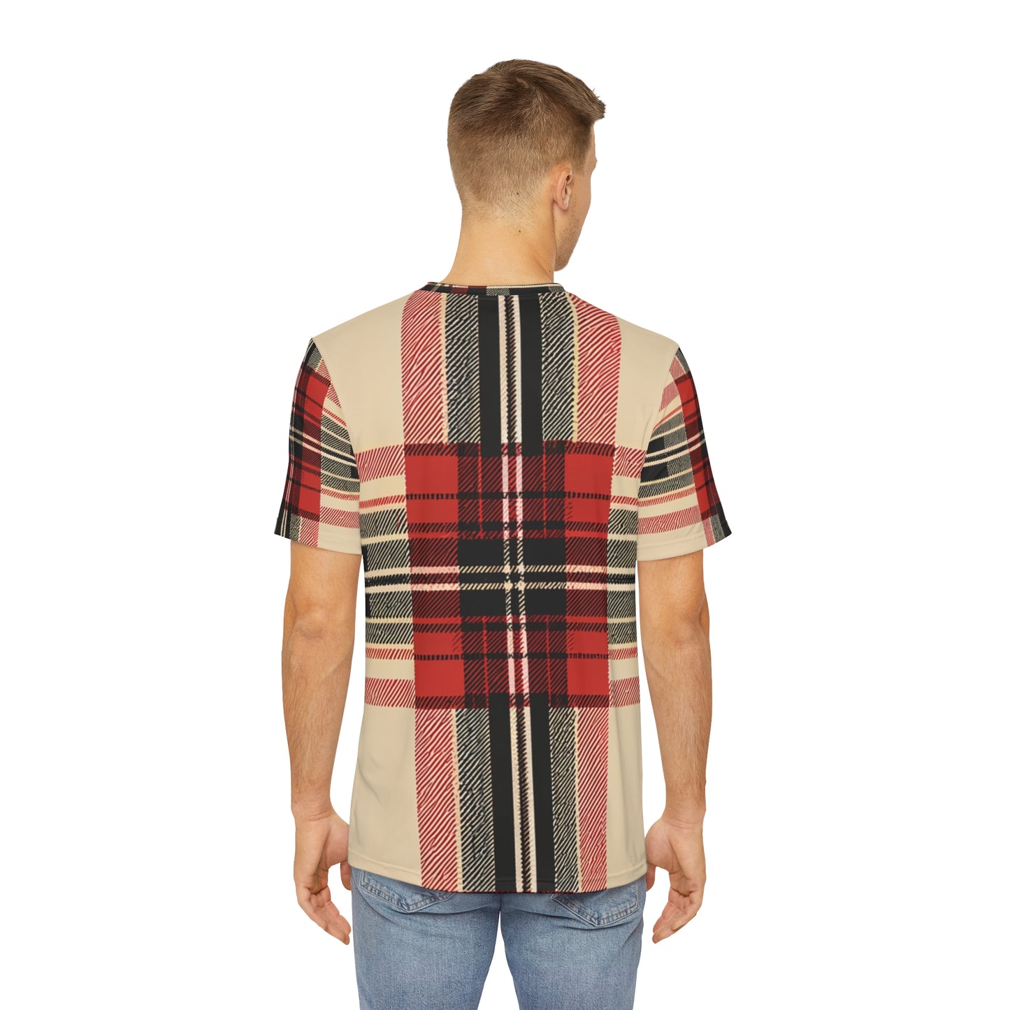 Back view of the Autumn Elegance Tartan Crewneck Pullover All-Over Print Short-Sleeved Shirt red black and beige background plaid pattern paired with casual denim pants worn by a white man