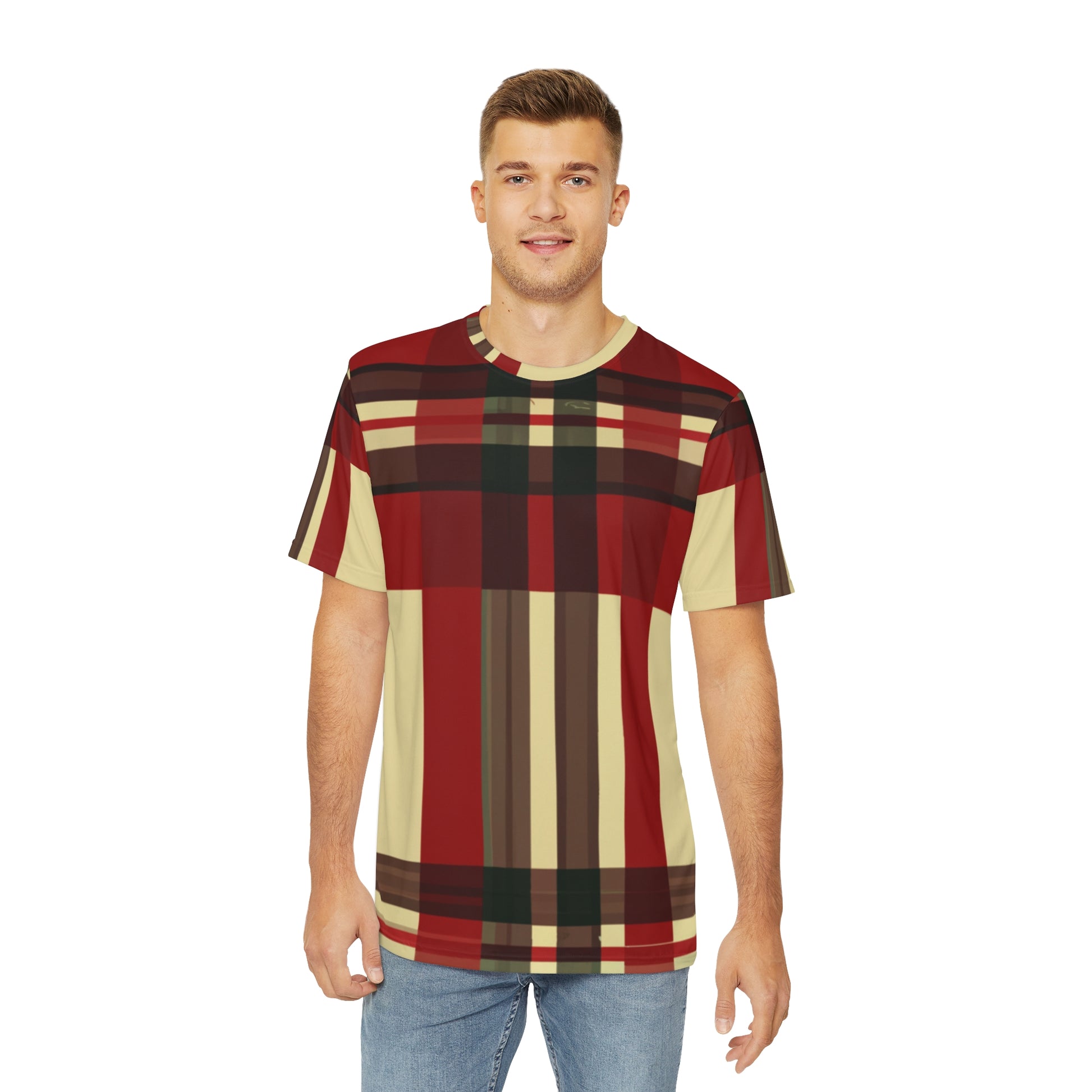 Front view of the Highland Ember Pixels Crewneck Pullover All-Over Print Short-Sleeved Shirt black red beige plaid pattern paired with casual denim pants worn by a white man