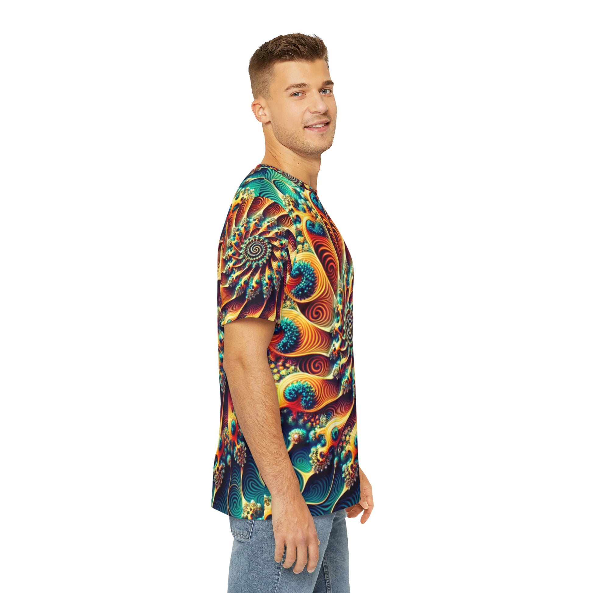 Side view of the Aquatic Hypnotica Spiral Crewneck Pullover All-Over Print Short-Sleeved Shirt blue green yellow orange red white blue spiral pattern paired with casual denim pants worn by a white man