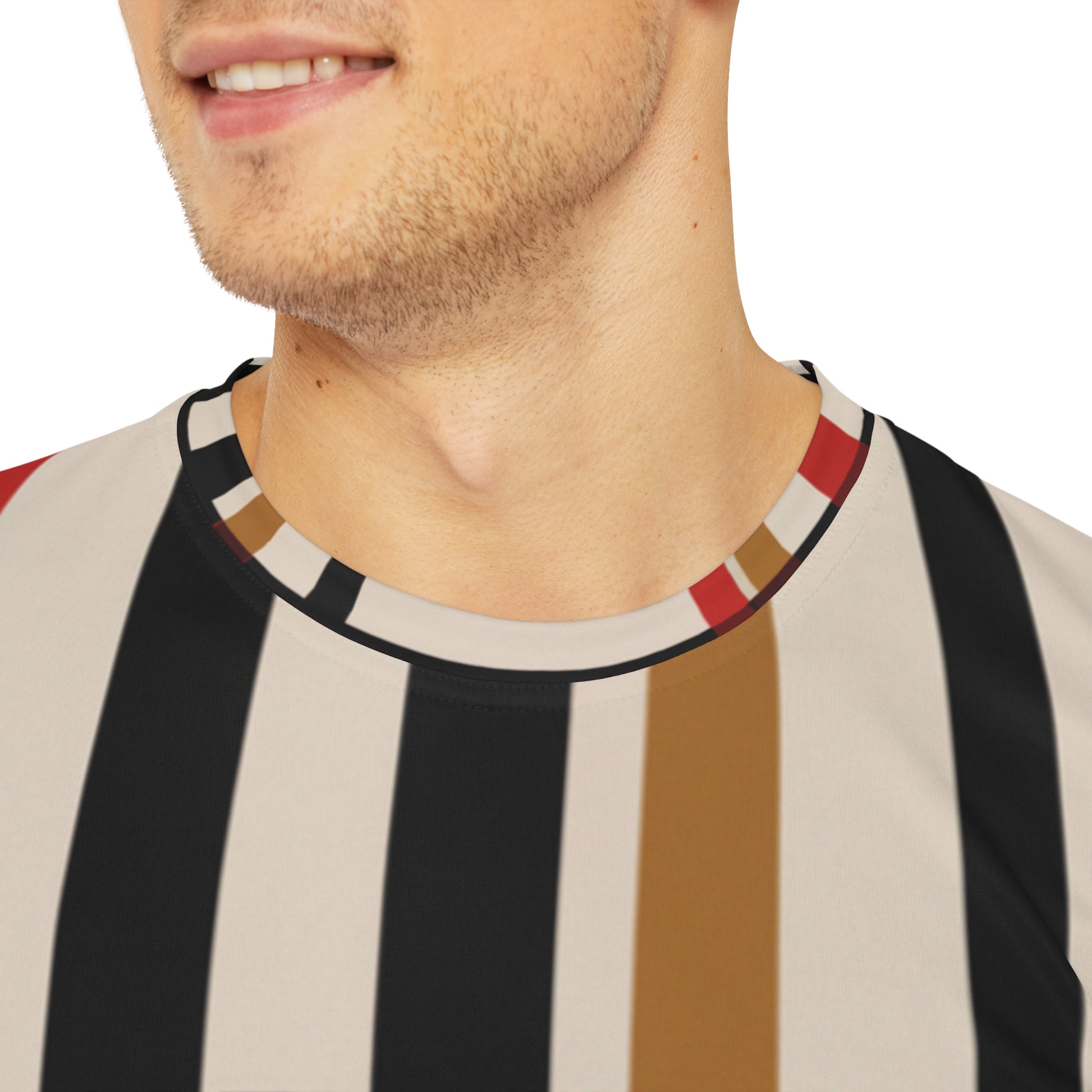 Close-up shot of the Highland Ember Dawn Crewneck Pullover All-Over Print Short-Sleeved Shirt black red mustard yellow beige plaid pattern worn by white man
