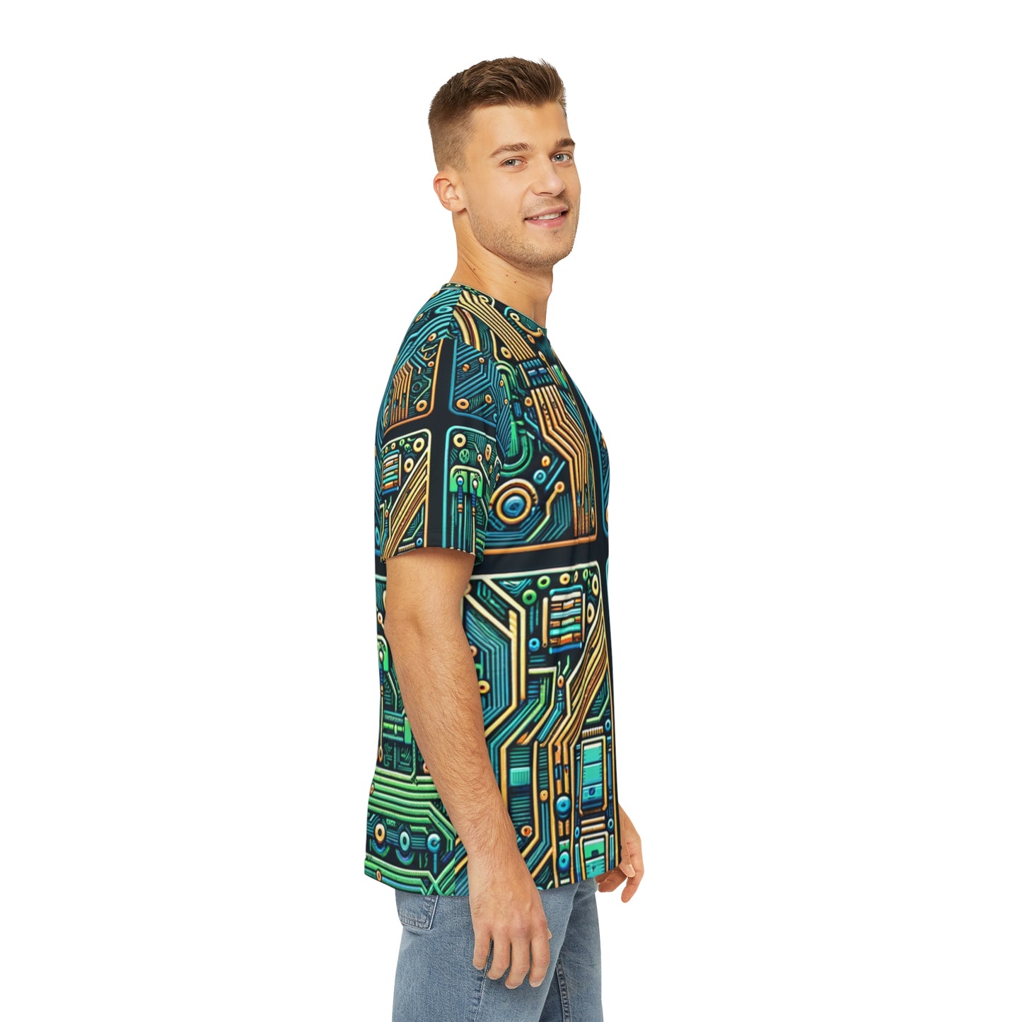 Side view of the Circuit Synapse Array Crewneck Pullover All-Over Print Short-Sleeved Shirt blue green yellow black white circuit pattern paired with casual denim pants worn by a white man