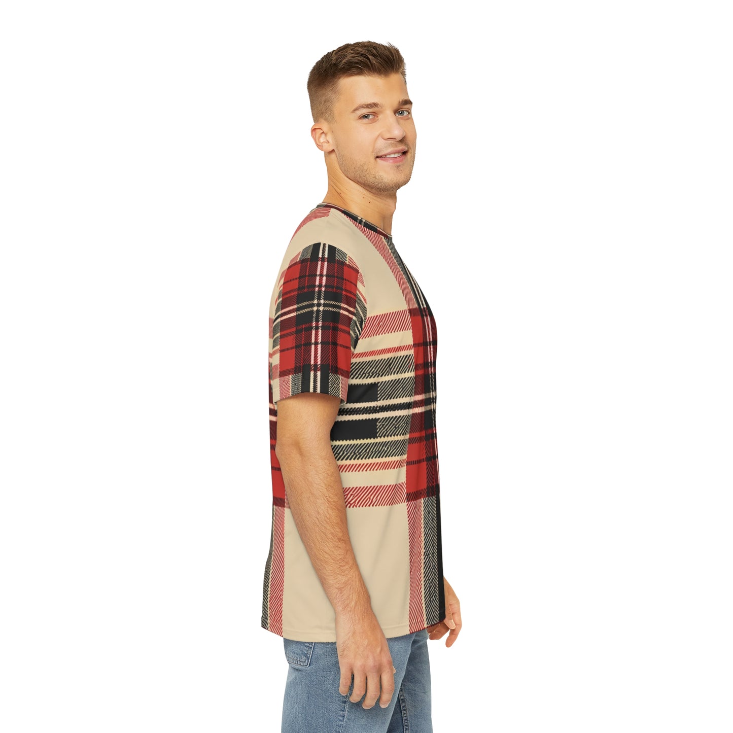 Side view of the Autumn Elegance Tartan Crewneck Pullover All-Over Print Short-Sleeved Shirt red black and beige background plaid pattern paired with casual denim pants worn by a white man