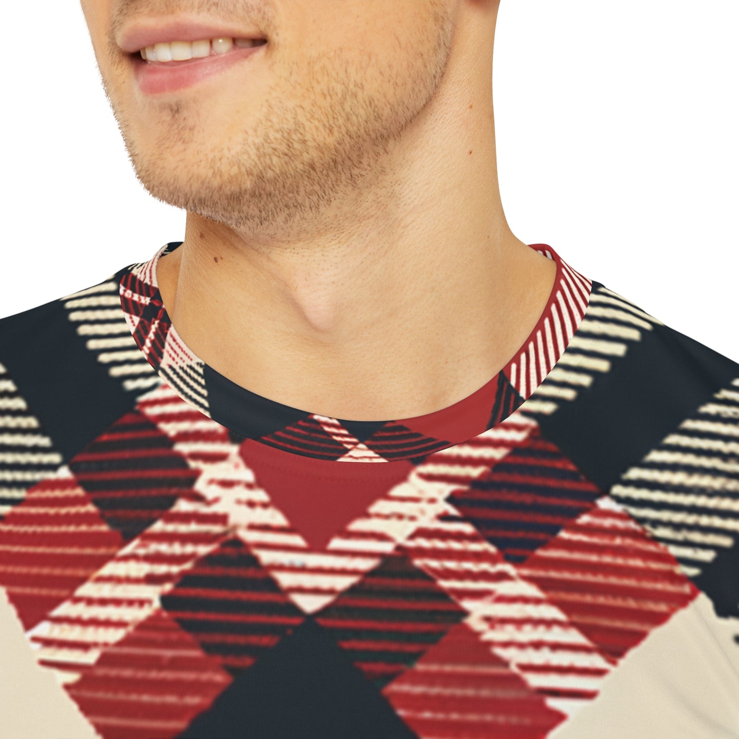 Close-up shot of the Crimson Crosshatch Elegance Crewneck Pullover All-Over Print Short-Sleeved Shirt red black beige plaid print worn by white man