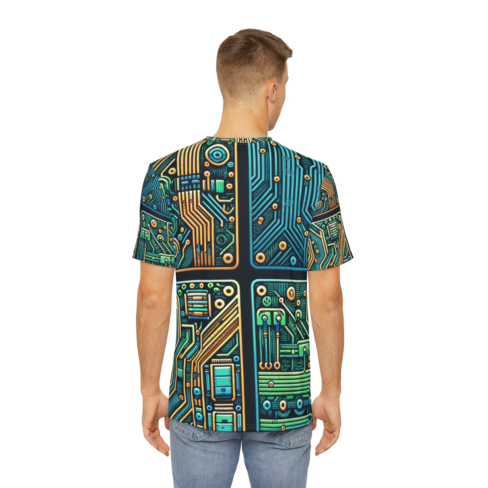 Back view of the Circuit Synapse Array Crewneck Pullover All-Over Print Short-Sleeved Shirt blue green yellow black white circuit pattern paired with casual denim pants worn by a white man