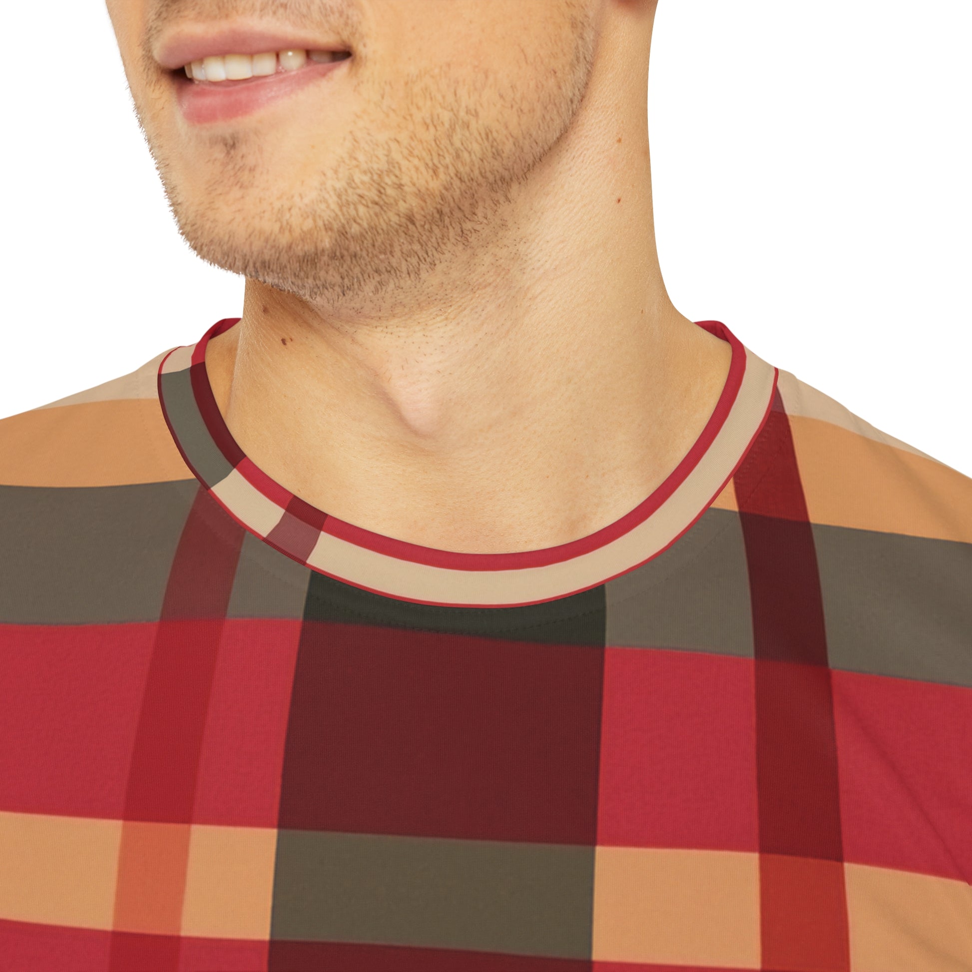 Close shot of the McCloud Mist Tartan Crewneck Pullover Short-Sleeved All-Over Print Shirt red black and beige plaid pattern worn by a white male 