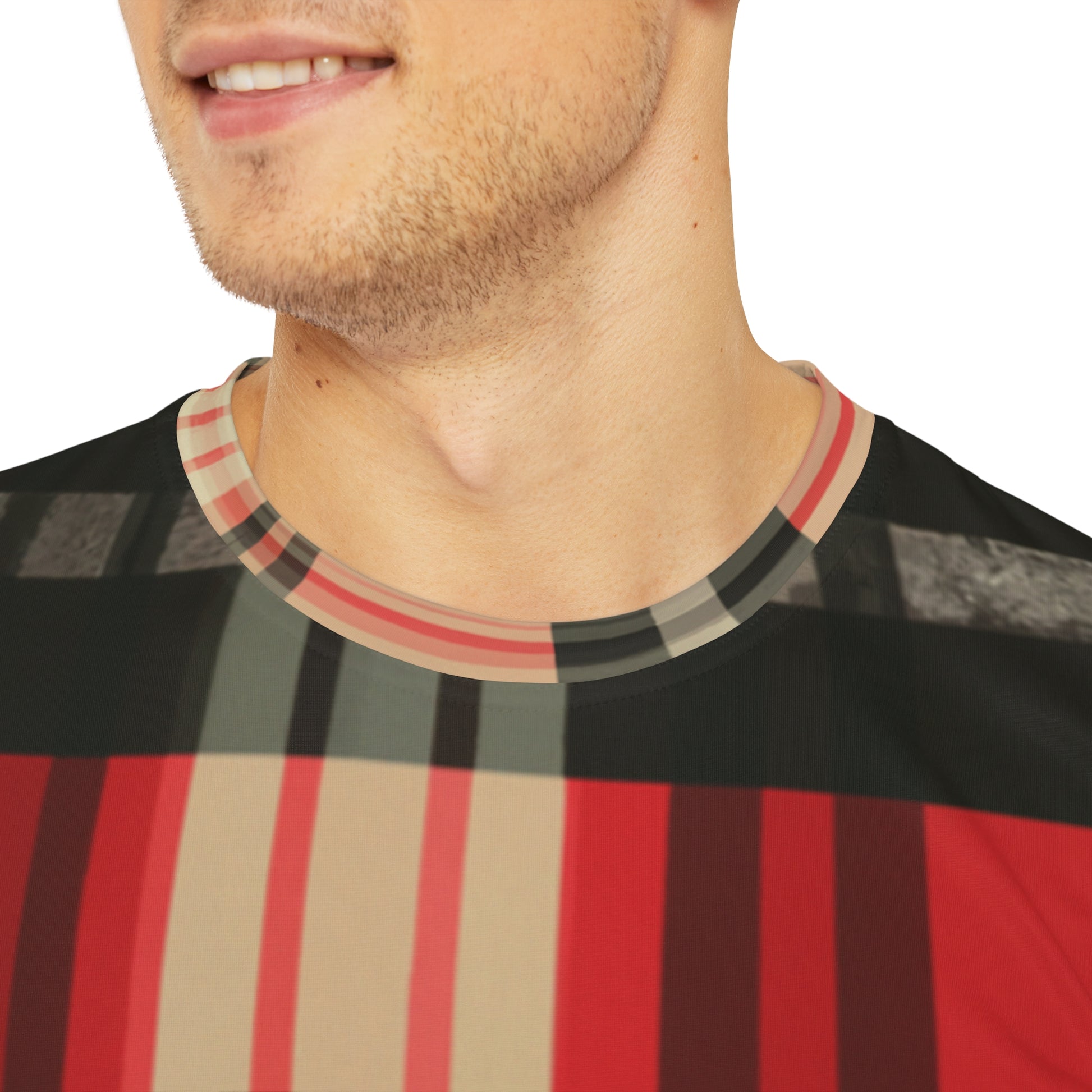 Close-up shot of the Highland Blaze Sonata Tartan Crewneck Pullover All-Over Print Short-Sleeved Shirt black red beige background plaid pattern worn by a white man