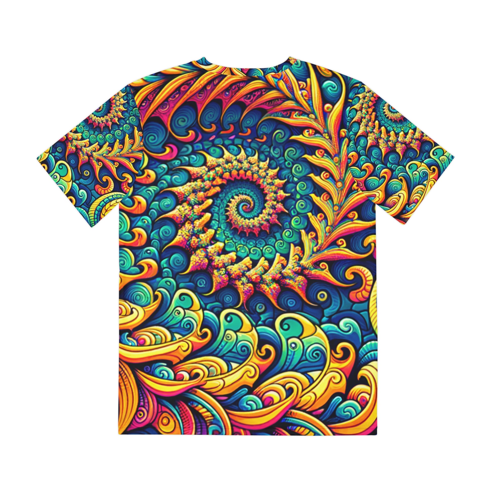 Back view of the Psychedelic Peacock Swirls Crewneck Pullover All-Over Print Short-Sleeved Shirt yellow blue green red peacock swirl pattern