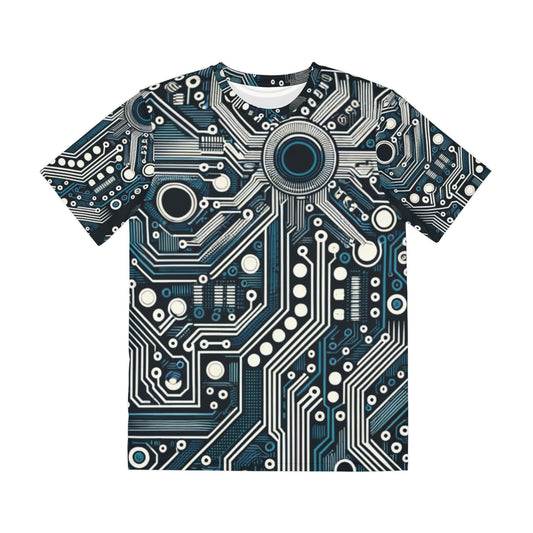 Front view of the Circuit Board Symphony Blue Crewneck Pullover All-Over Print Short-Sleeved Shirt blue black beige circuit pattern print