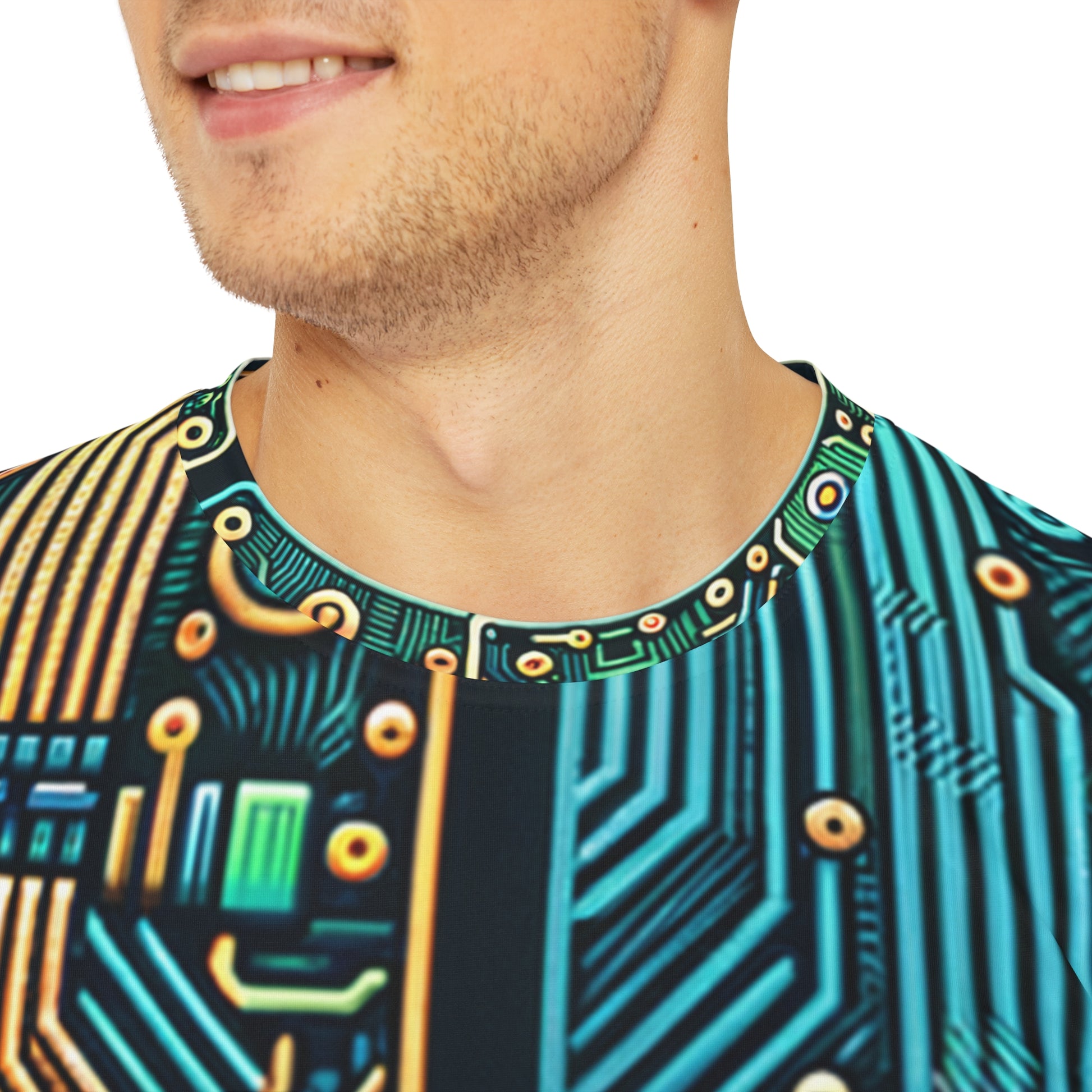 Close-up shot of the Circuit Synapse Array Crewneck Pullover All-Over Print Short-Sleeved Shirt blue green yellow black white circuit pattern worn by a white man