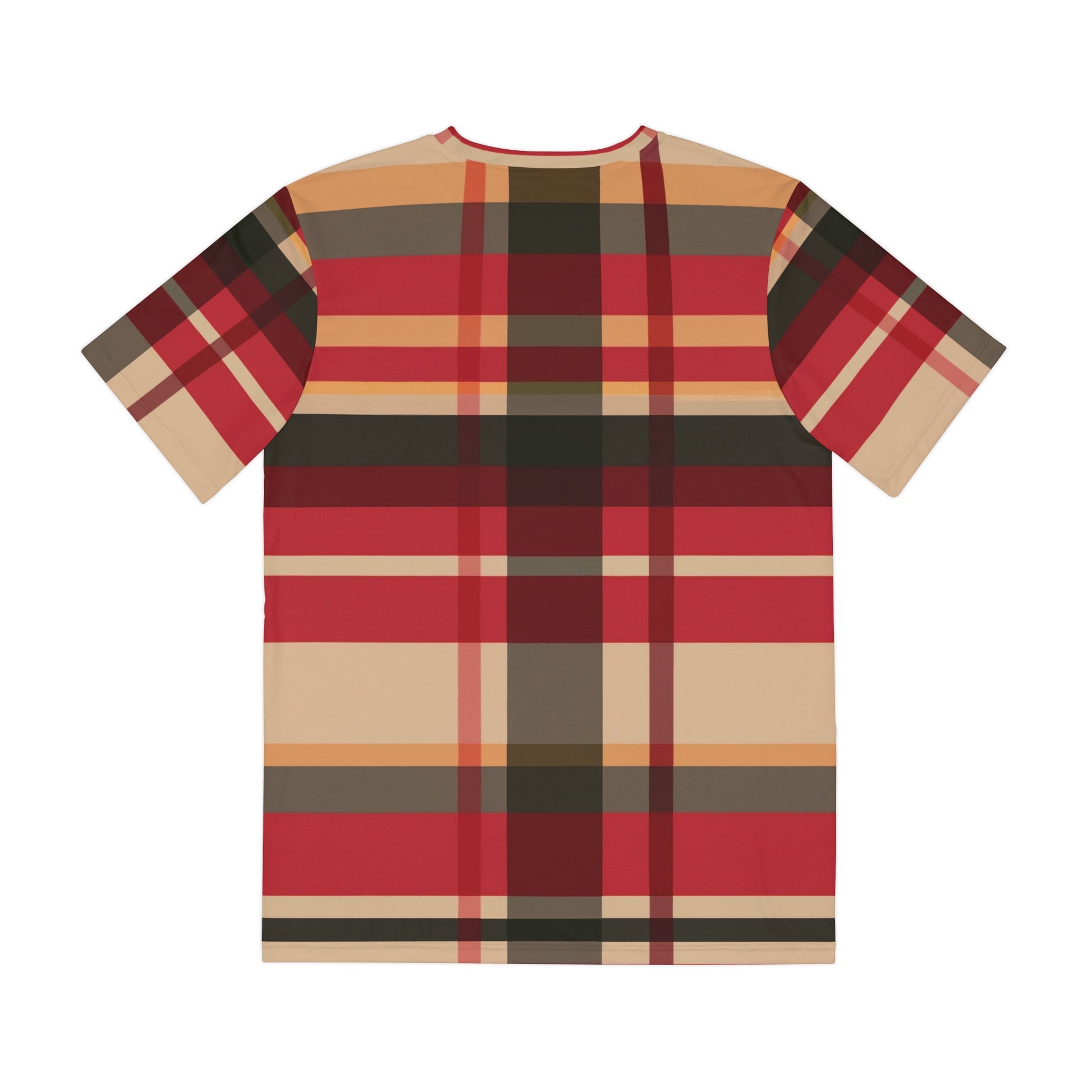 Back side of the McCloud Mist Tartan Crewneck Pullover Short-Sleeved All-Over Print Shirt red black and beige plaid pattern