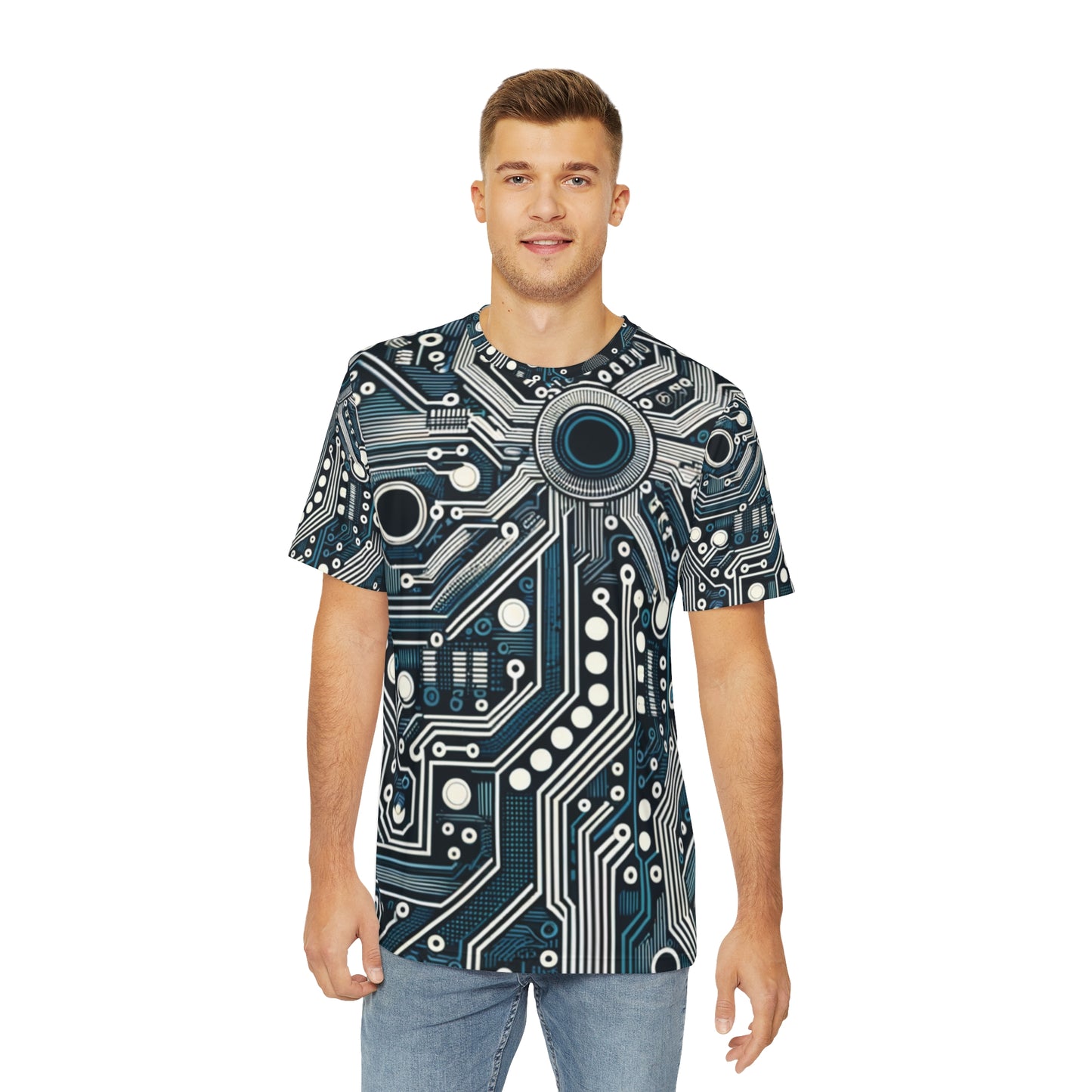 Front view of the Circuit Board Symphony Blue Crewneck Pullover All-Over Print Short-Sleeved Shirt blue black beige circuit pattern print paired with casual denim pants worn by a white man