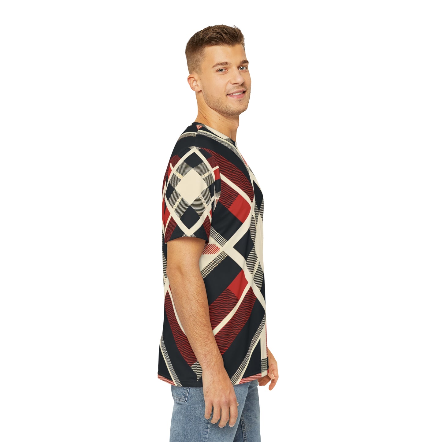 Side view of the Metropolitan Tartan Fusion Crewneck Pullover All-Over Print Short-Sleeved Shirt black red beige plaid pattern paired with casual denim pants worn by a white man